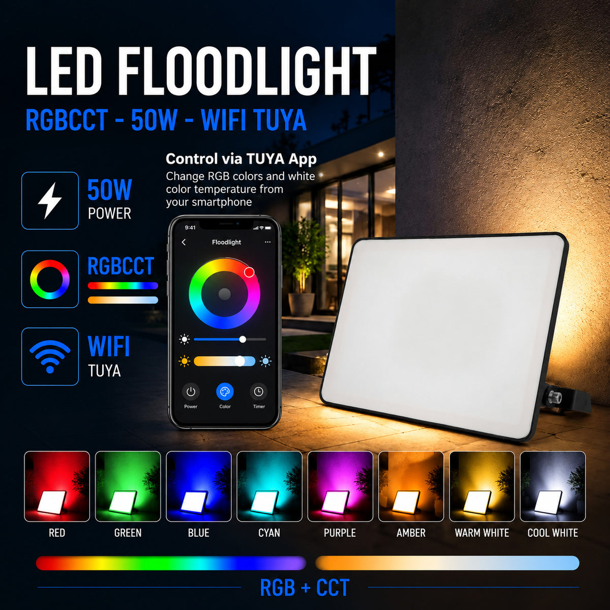 Proyector LED de exterior - RGBCCT - 50W - control WIFI/TUYA APP - IP65 (6)