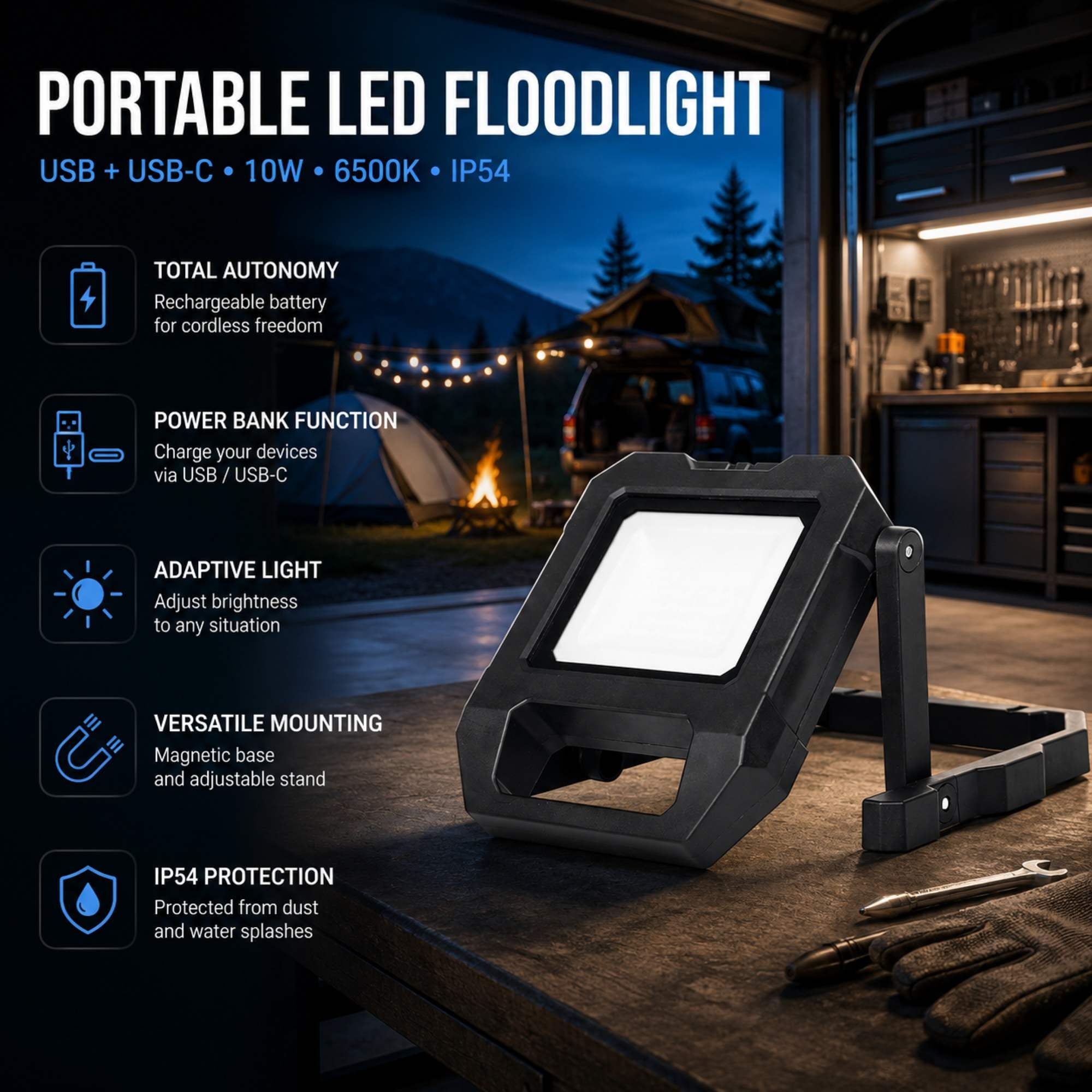 Reflector LED portátil de trabajo con batería - USB+USBC - 10W - 6500K - IP54 (9)