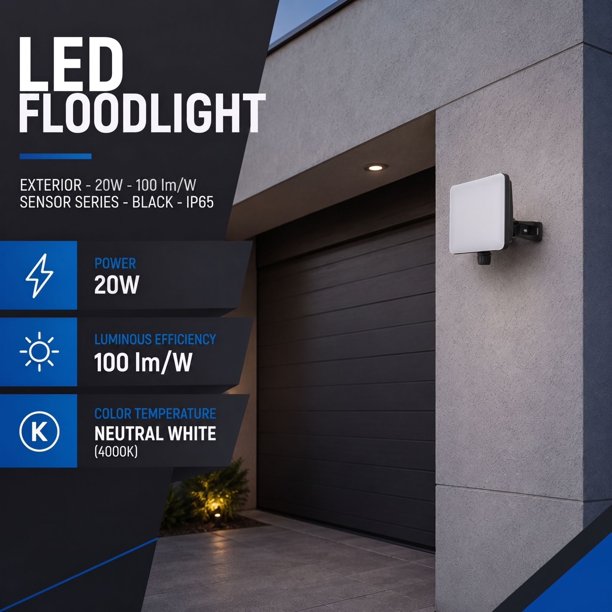 Proyector LED de exterior - 20W - 100 lm/W - Sensor Series - Negro - IP65 (2)