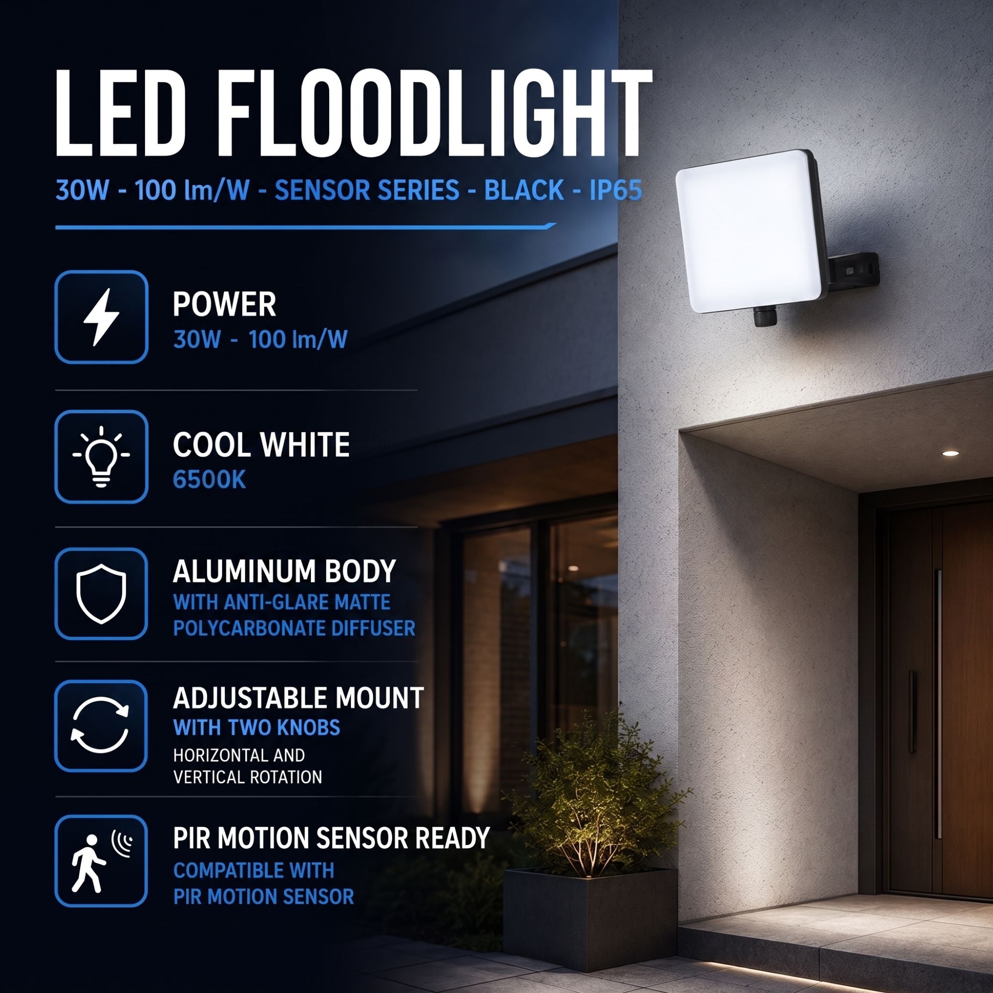 Proyector LED de exterior - 30W - 100 lm/W - Sensor Series - Negro - IP65 (6)