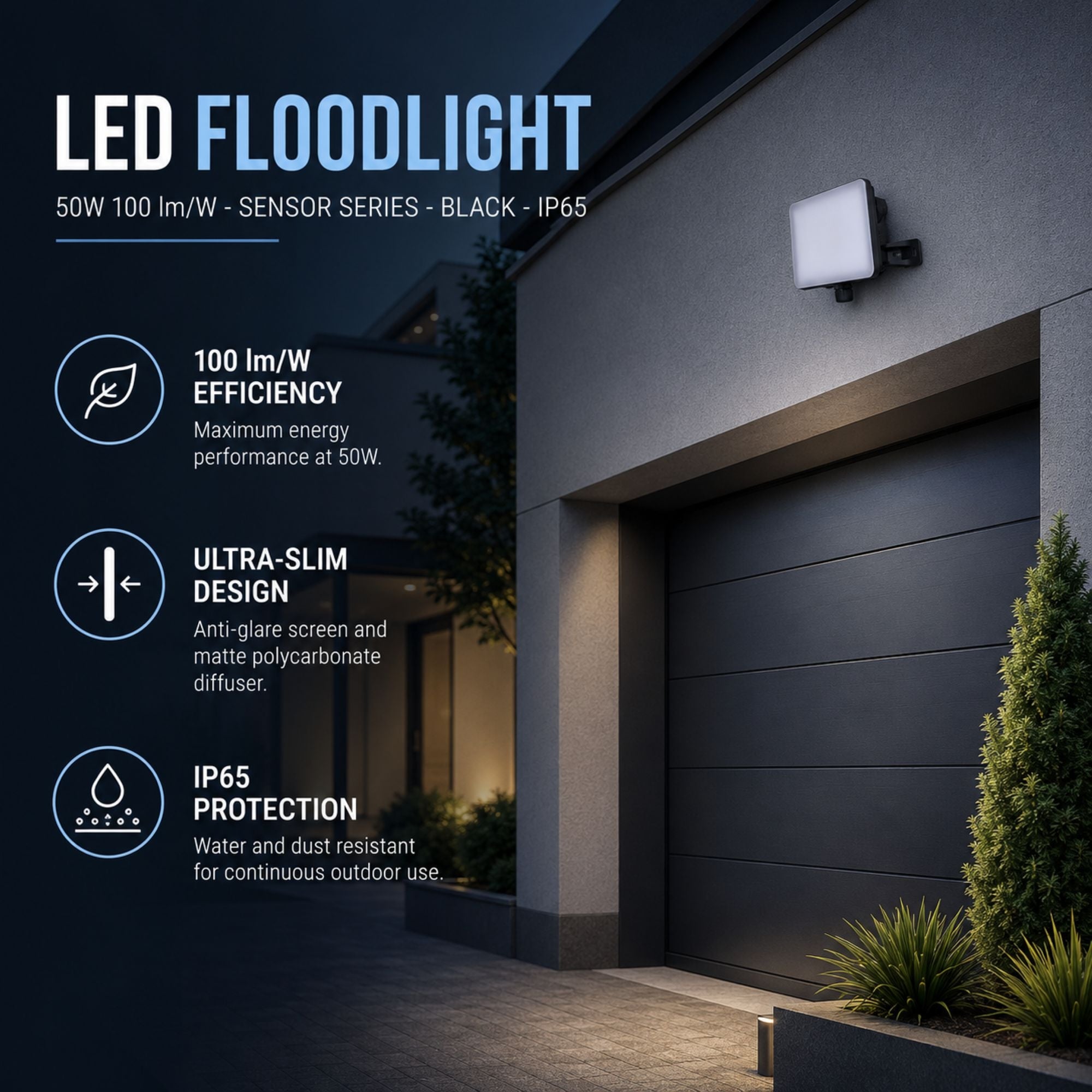 Proyector LED de exterior - 50W - 100 lm/W - Sensor Series - Negro - IP65 (9)