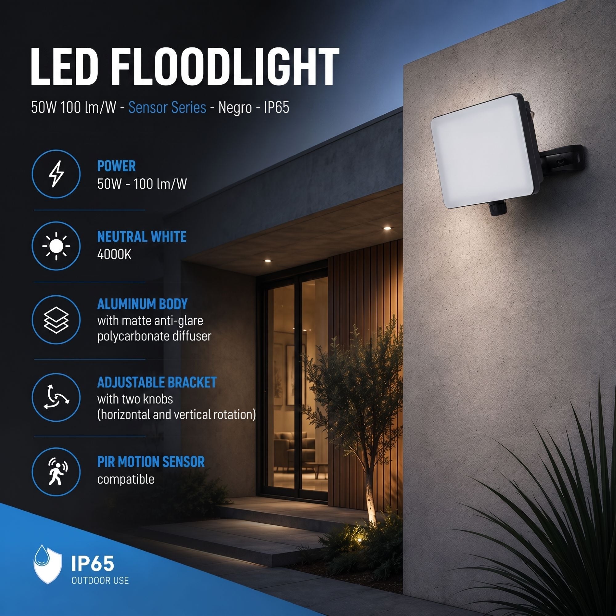 Proyector LED de exterior - 50W - 100 lm/W - Sensor Series - Negro - IP65 (3)