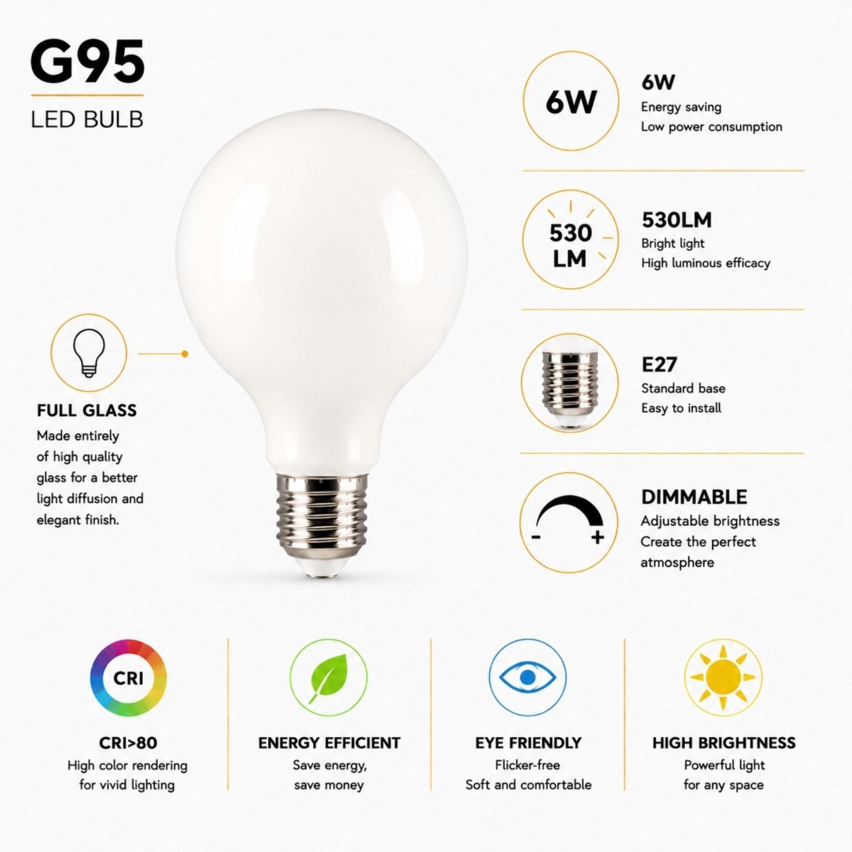 Bombilla LED decorativa "Milky" - Regulable - E27 G95 - 6W - 3000K - 530lm - Barcelona Led-Iluminación