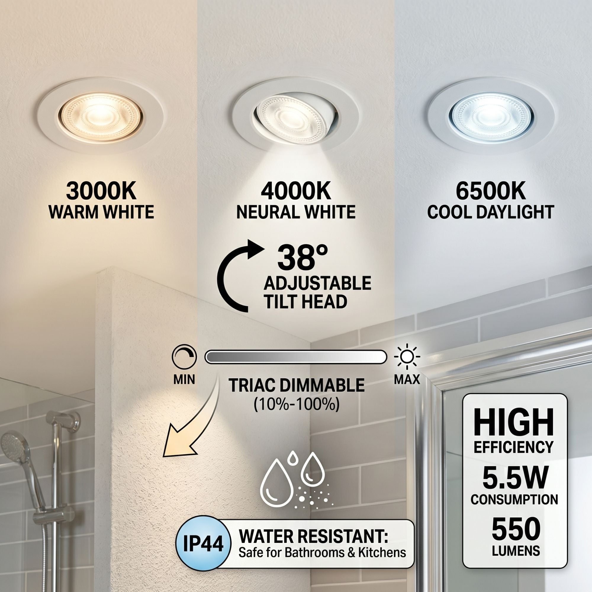 Downlight LED "Avalor" basculante - TRIAC dimmable - 5.5W - CCT - Corte Ø 70mm - IP44 (14)