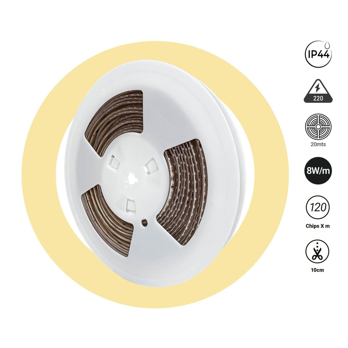 Tira LED 220V AC - Monocolor - 8W/m - 6.5mm - IP44 - 20 metros - 120ch/m - Barcelona Led-