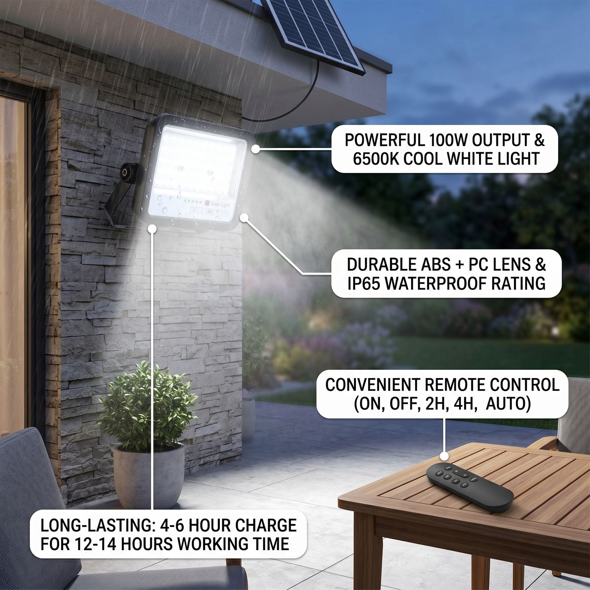 Proyector solar con panel y mando a distancia - 100W - Medium - 6500K - IP65 (9)