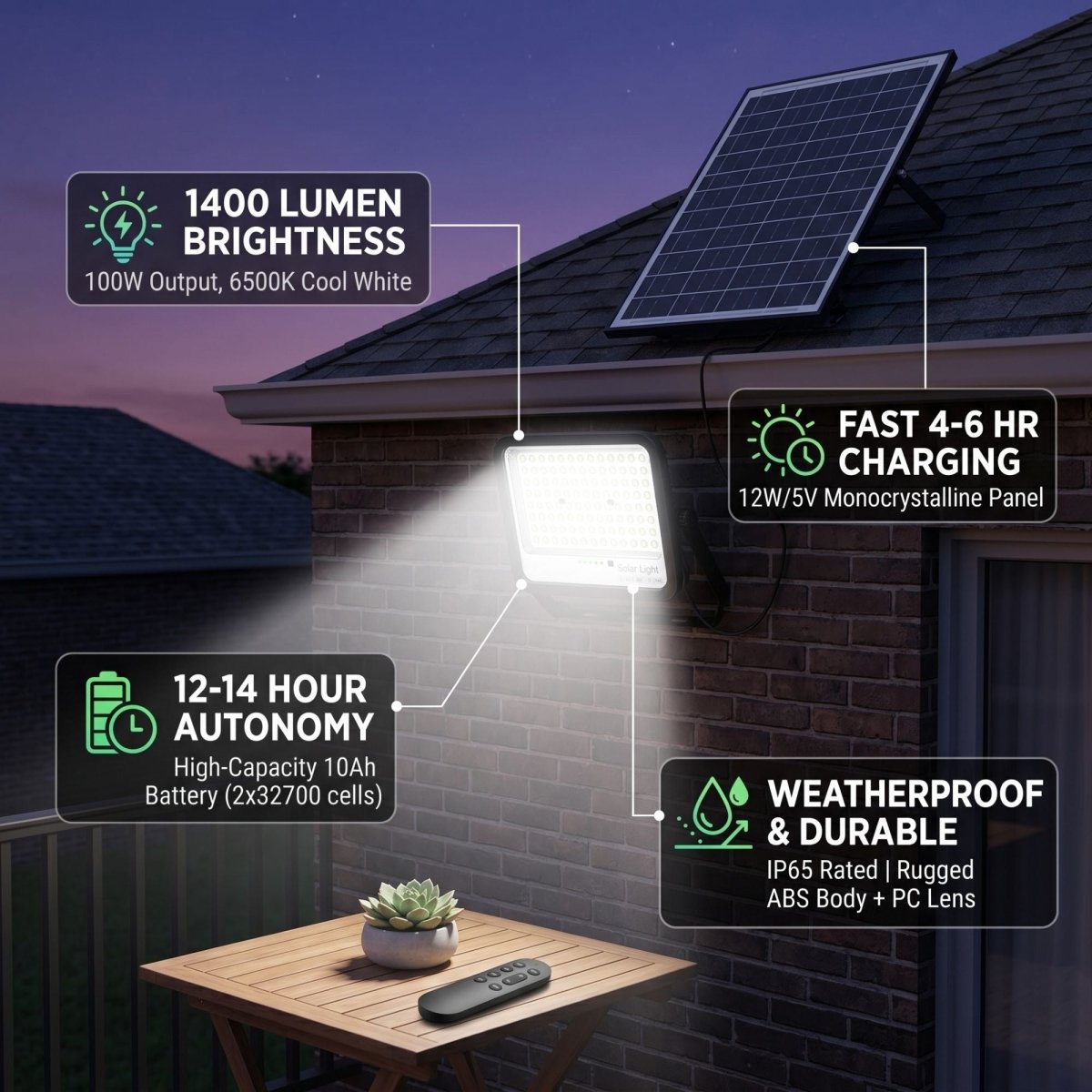 Solar projector with panel and remote control - 100W - Large - 6500K ...