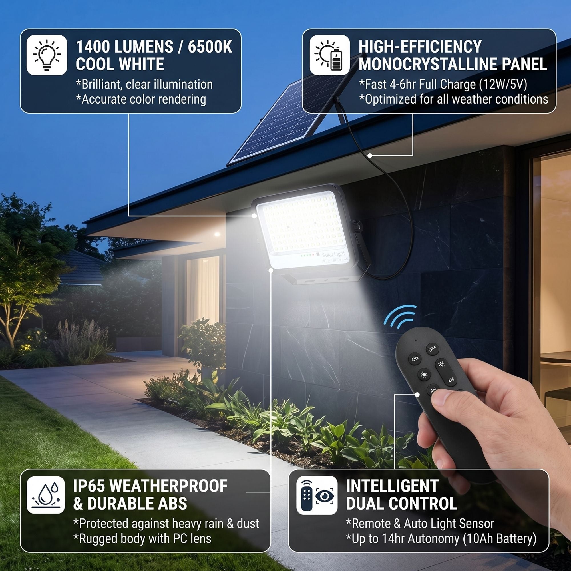 Proyector solar con panel y mando a distancia - 100W - Large - 6500K - IP65 (9)
