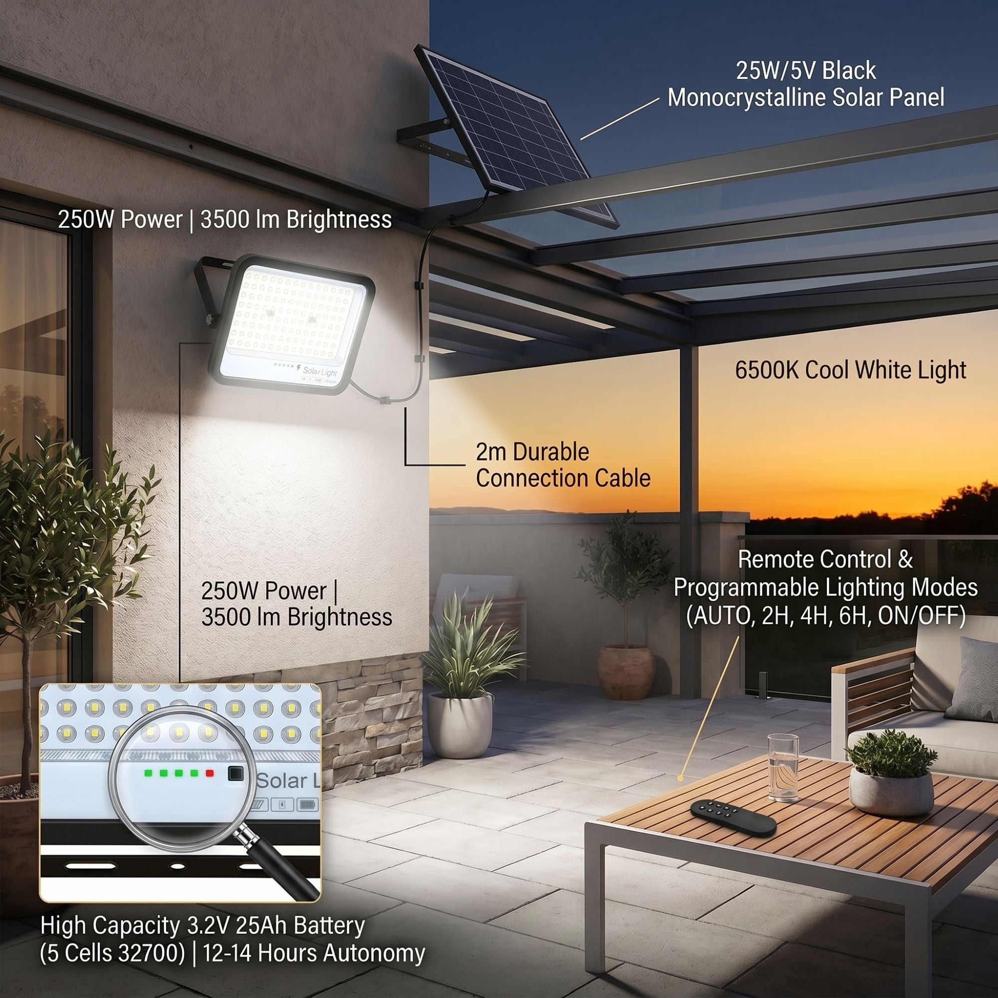 Outdoor Solar LED Projector with Remote Control 250W | 3500 lm ...