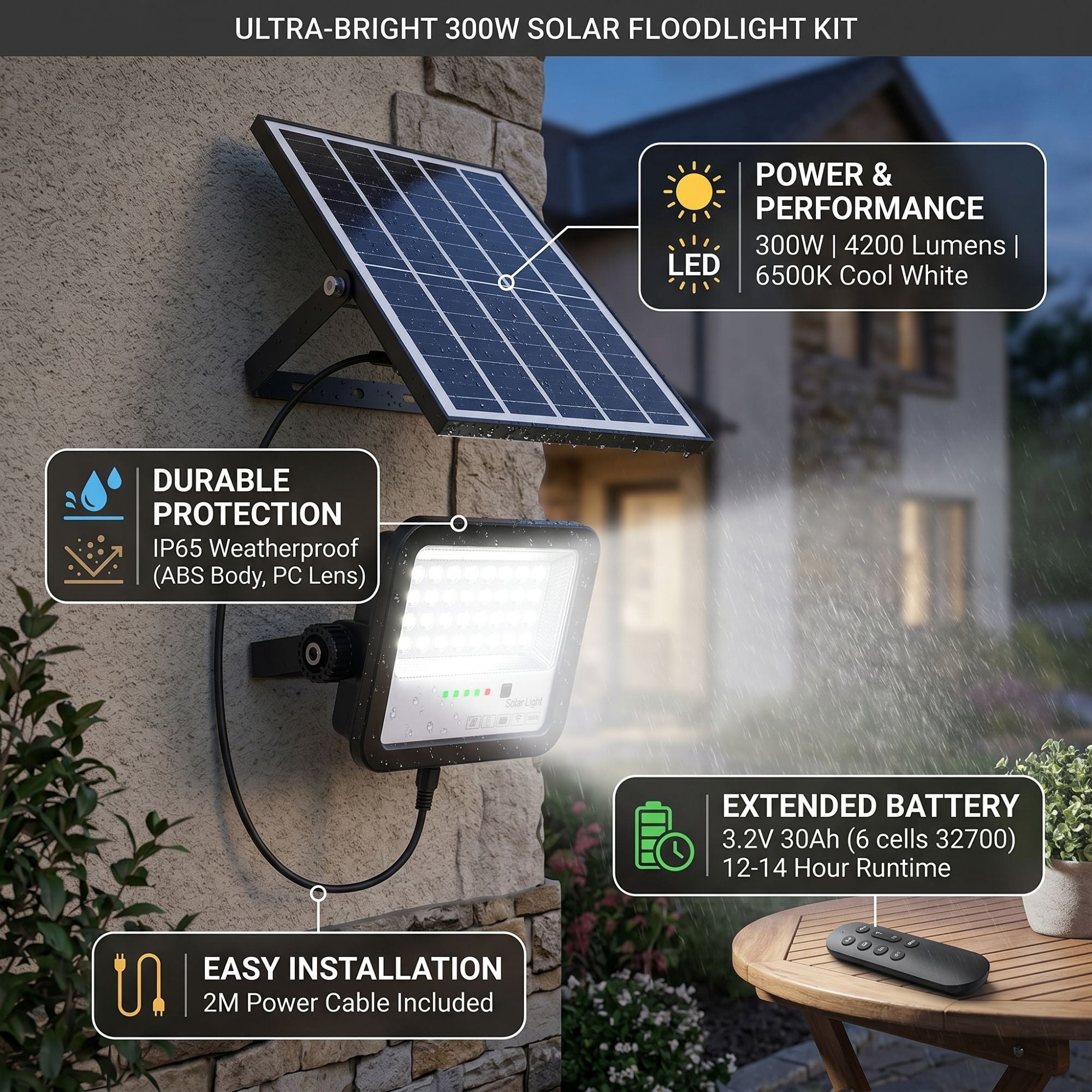 Outdoor Solar LED Projector with Remote Control 300W | 4200 lm ...