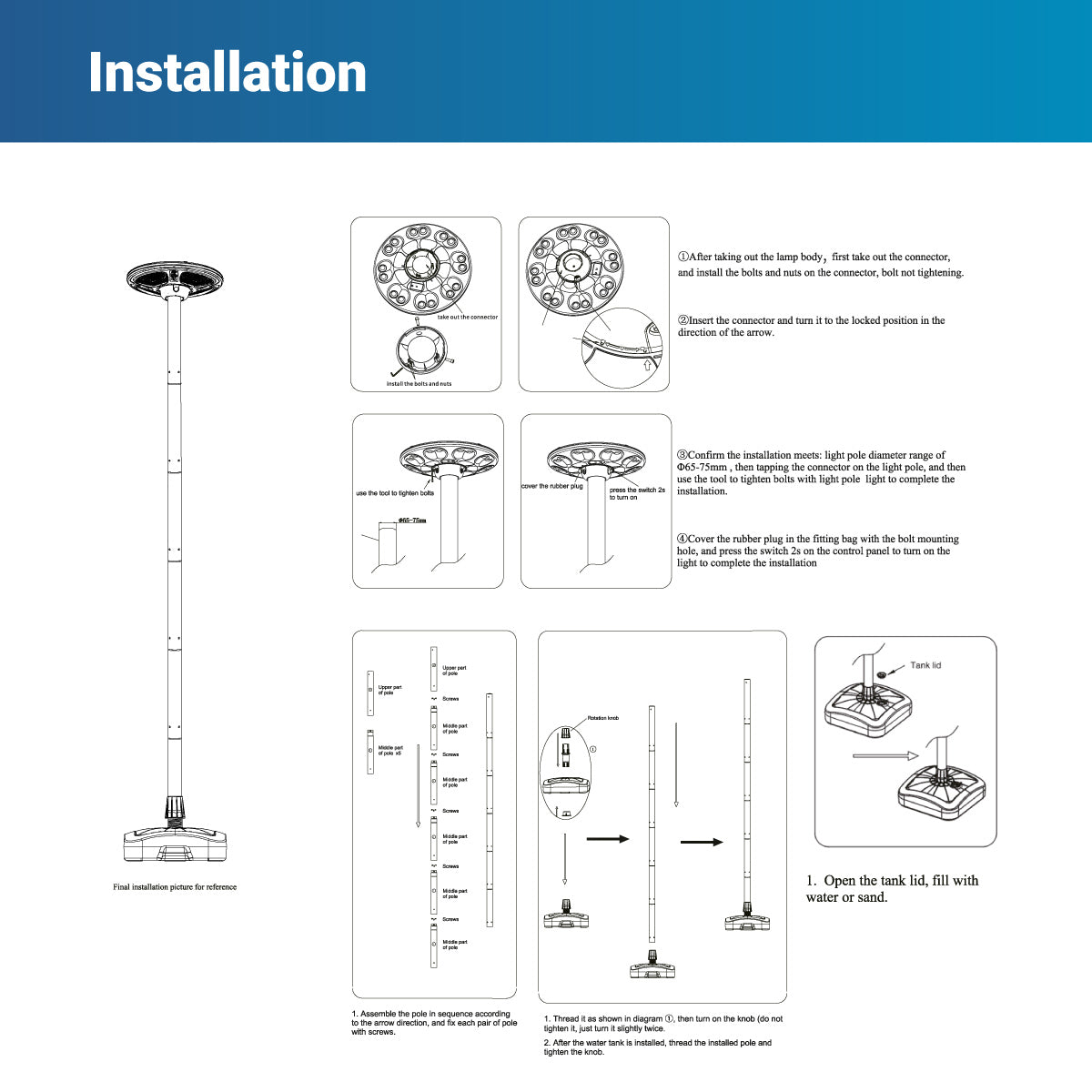 Farola Solar LED 150W con Base Rellenable de Agua o Arena | 6500K IP54 · Mando y Sensor PIR (16)