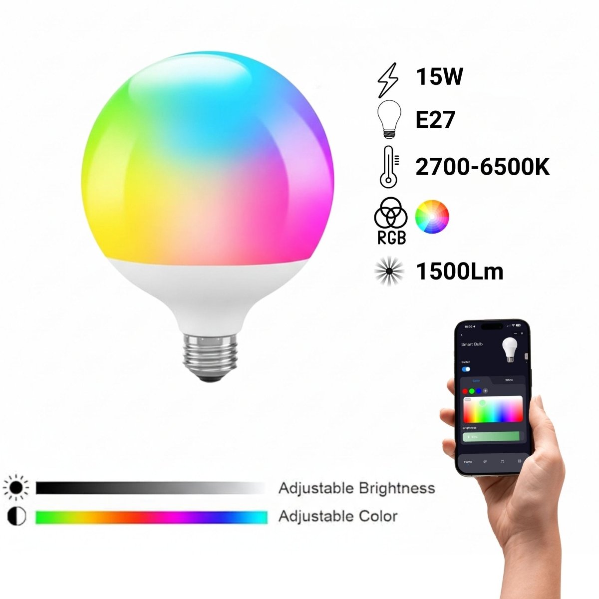 Bombilla LED Smart E27 - 15W - RGB + CCT - WiFi - TUYA App - Barcelona Led-