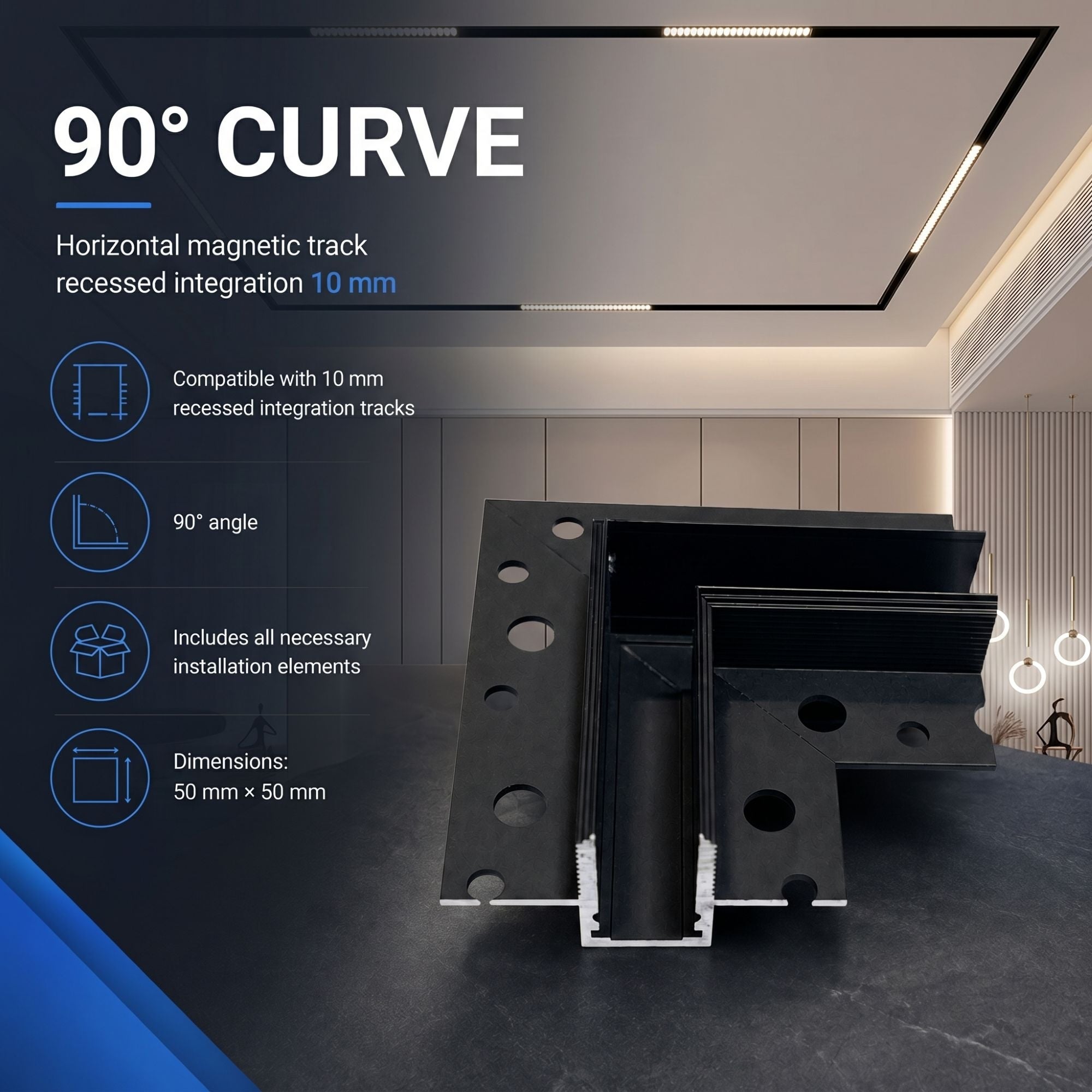 Curva 90 grados horizontal para carril magnético de integración/trimless - 10mm (5)