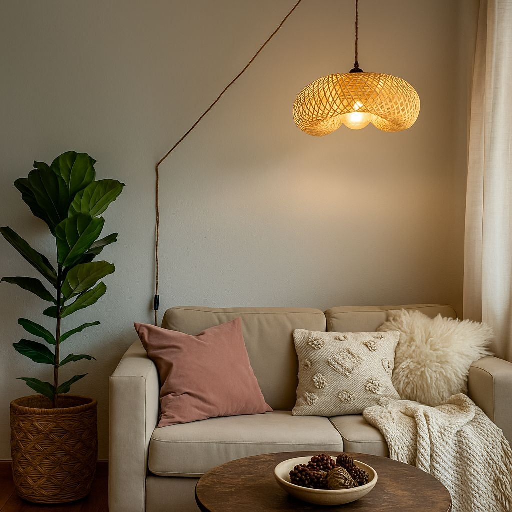Lámpara colgante de mimbre "FREY" - Con interruptor y enchufe - E27 (22)
