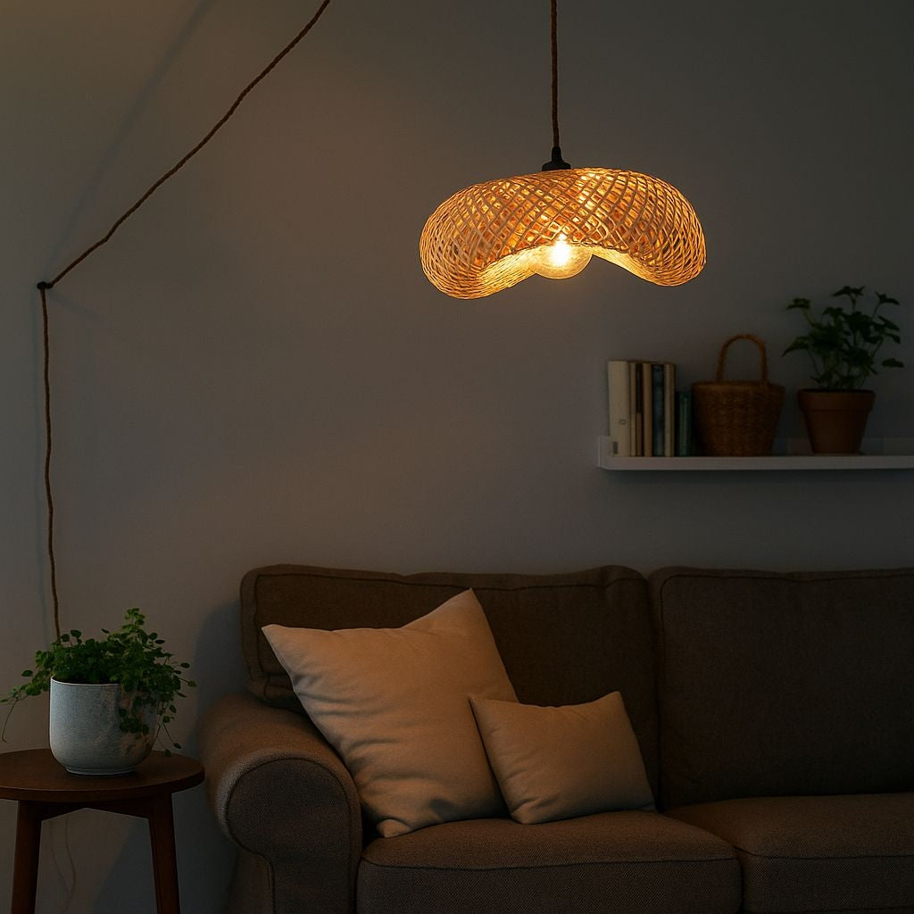 Lámpara colgante de mimbre "FREY" - Con interruptor y enchufe - E27 (23)
