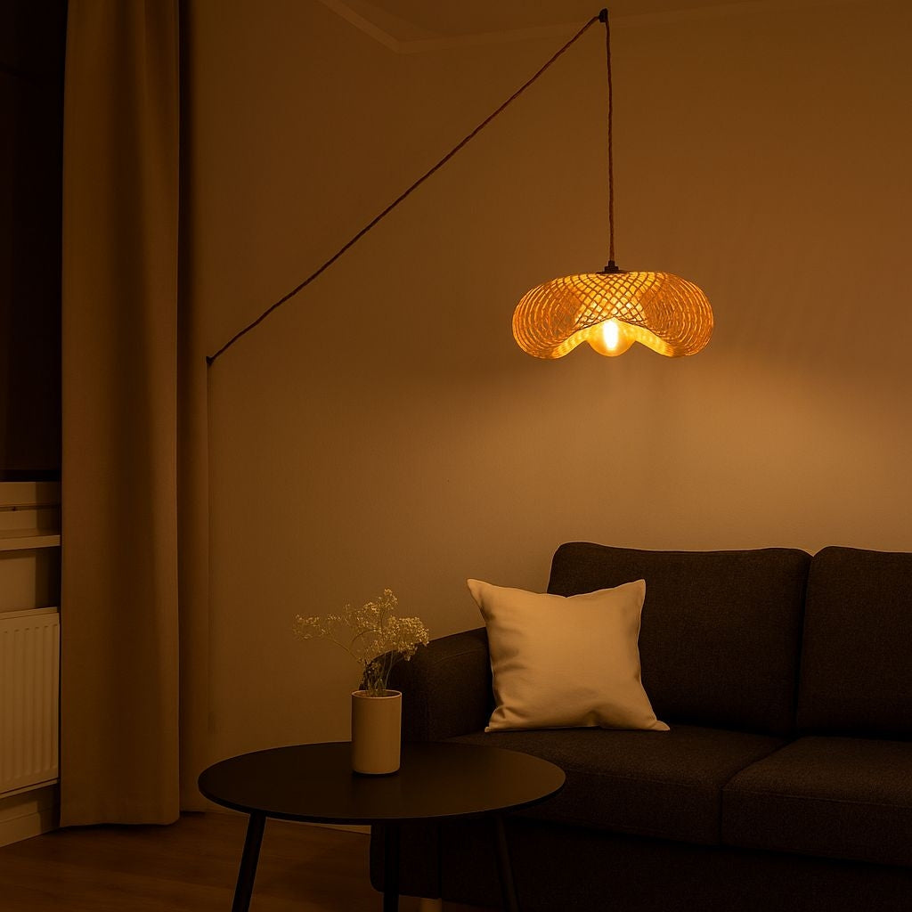 Lámpara colgante de mimbre "FREY" - Con interruptor y enchufe - E27 (24)