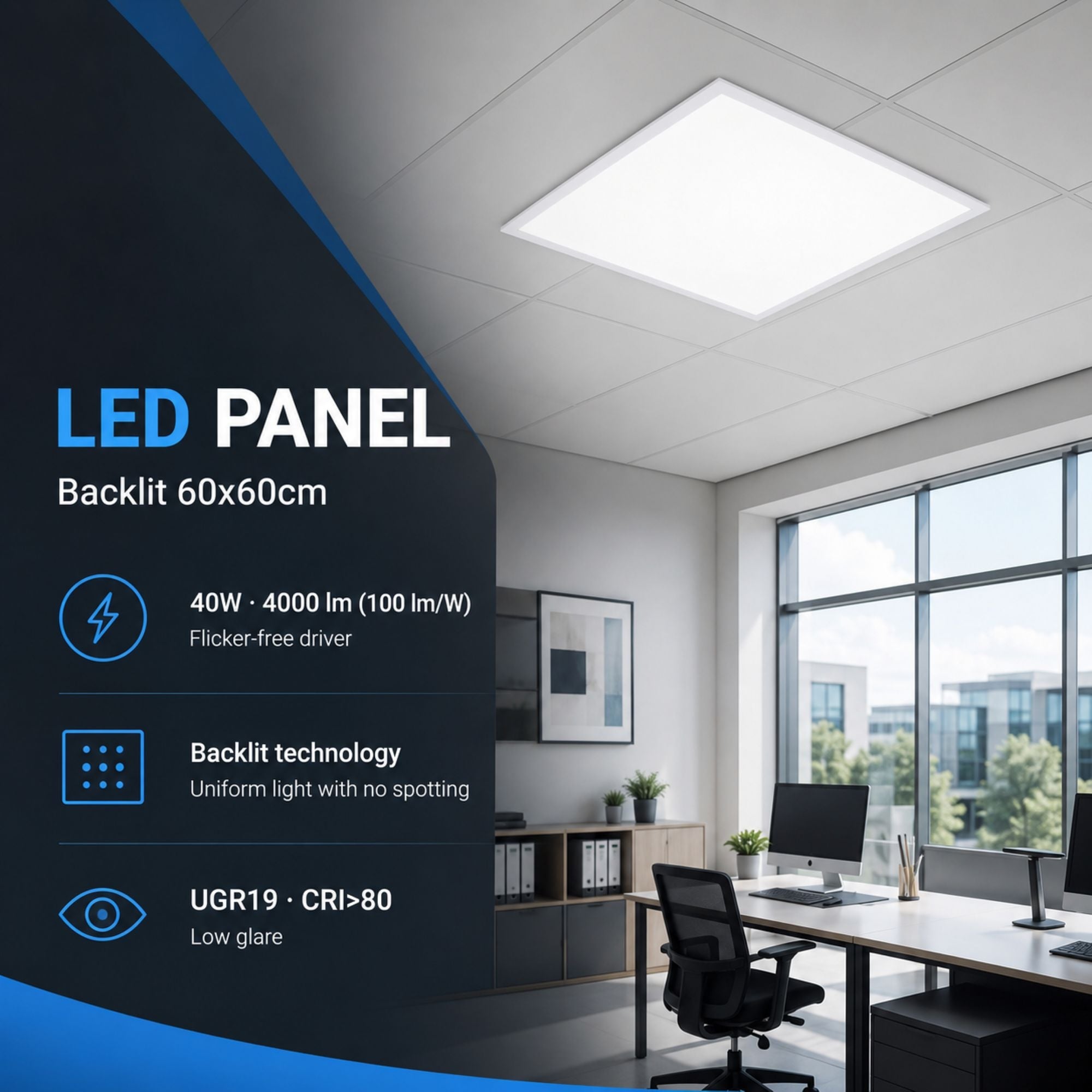 Panel LED Backlit 60x60cm - 40W - 100lm/W - Driver flicker free - UGR19 - IP40 - KIT DE MONTAJE (9)
