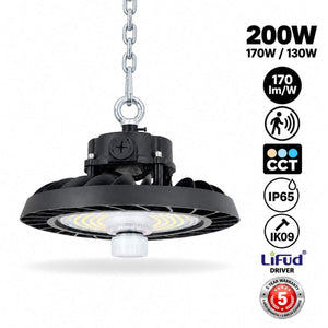Campana LED UFO industrial 200W - CCT - Con sensor de movimiento - 170lm/W - Driver LIFUD - IP65 - 5 años garantía