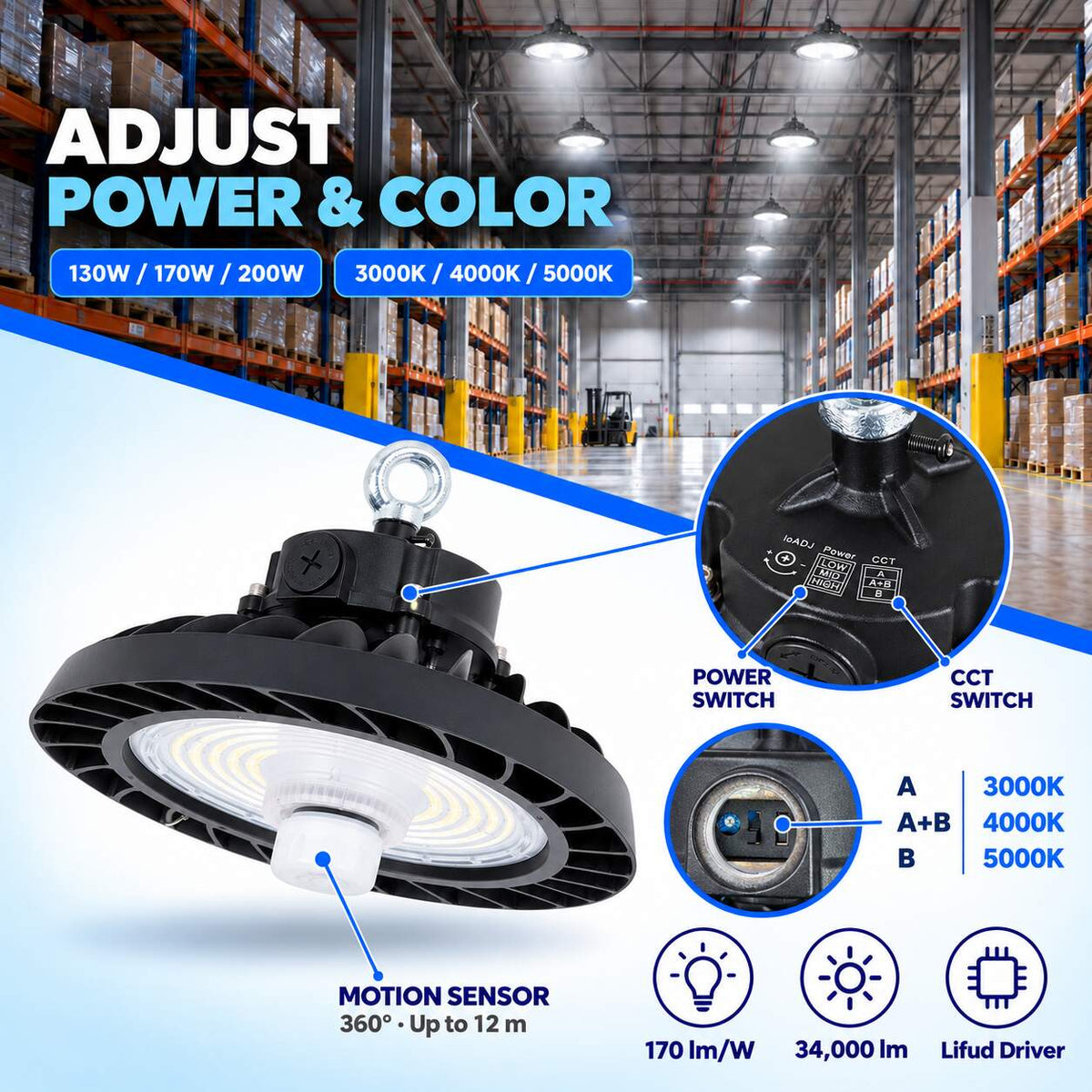 Campana LED UFO industrial 200W - CCT - Con sensor de movimiento - 170lm/W - Driver LIFUD - IP65 - 5 años garantía (2)