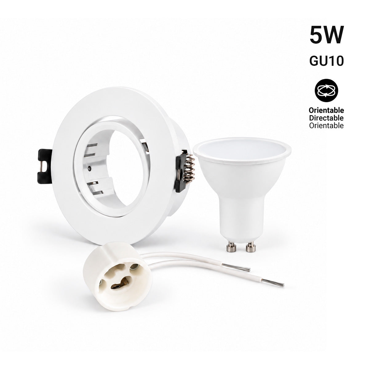 KIT - Aro downlight basculante Ø75mm + Bombilla GU10 5W + Casquillo GU10