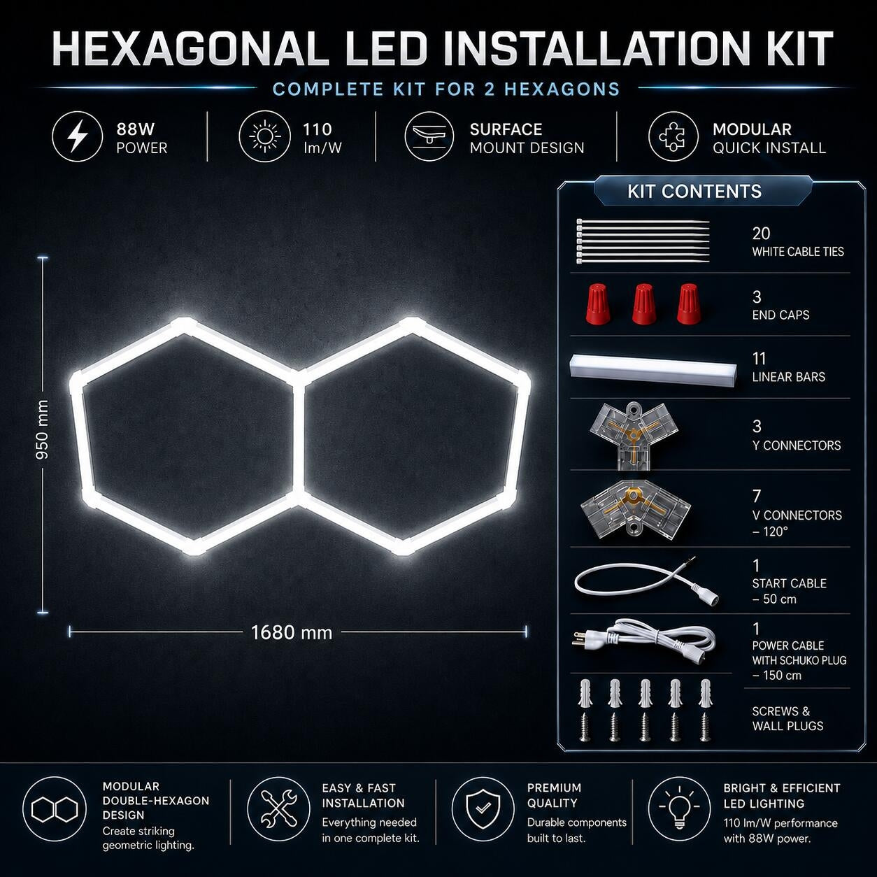 Lámpara LED hexagonal - 6500K - 2 hexágonos - 440cm (7)