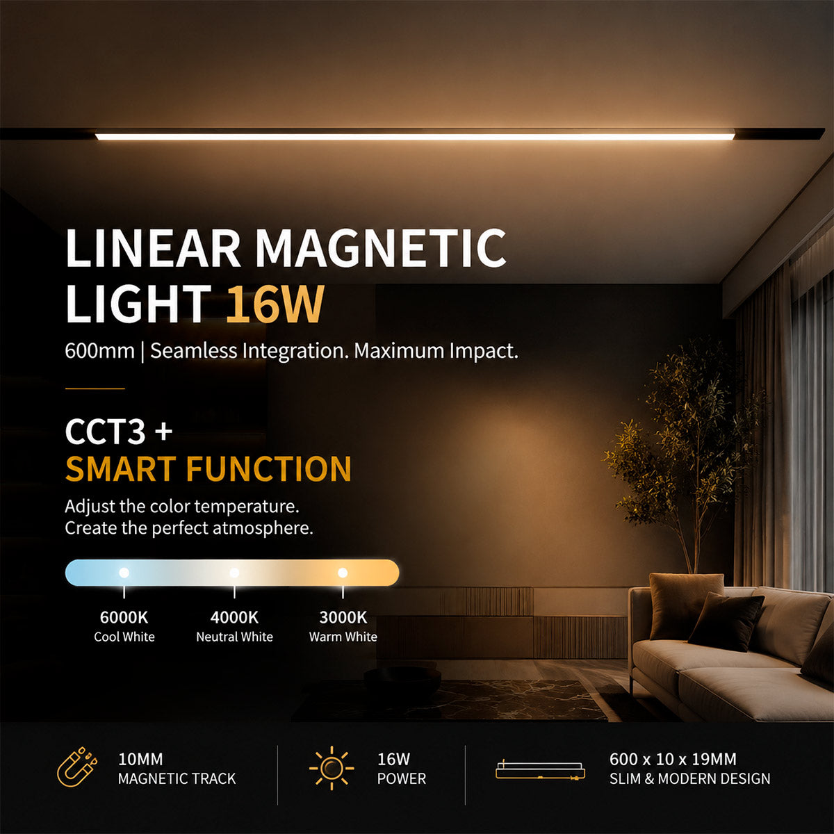 Luminaria lineal para carril magnético - 16W - 120º - 10mm - CCT + SMART FUNCTION (2)