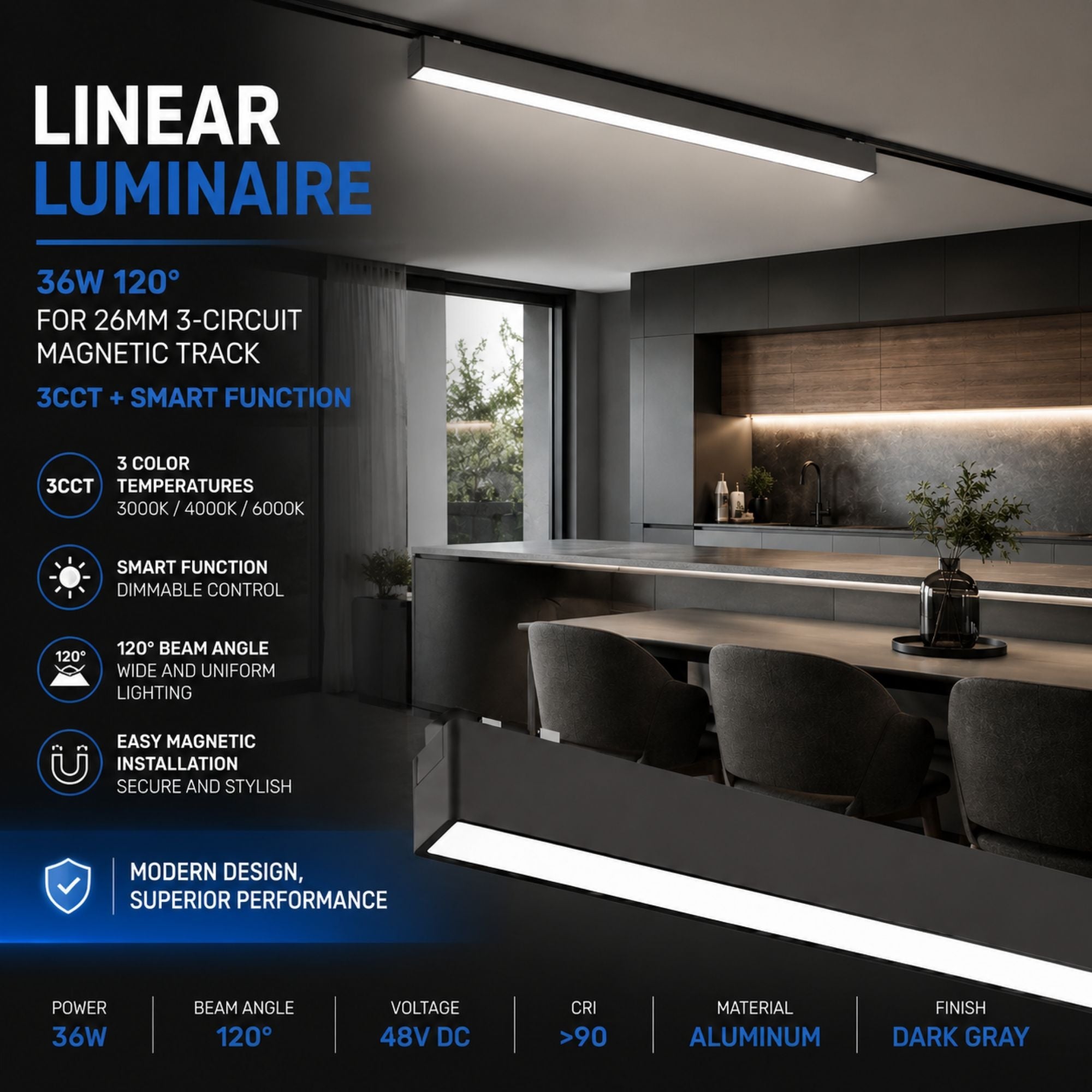 Luminaria lineal para carril magnético - 36W - 120º - 26mm - CCT + SMART FUNCTION (4)
