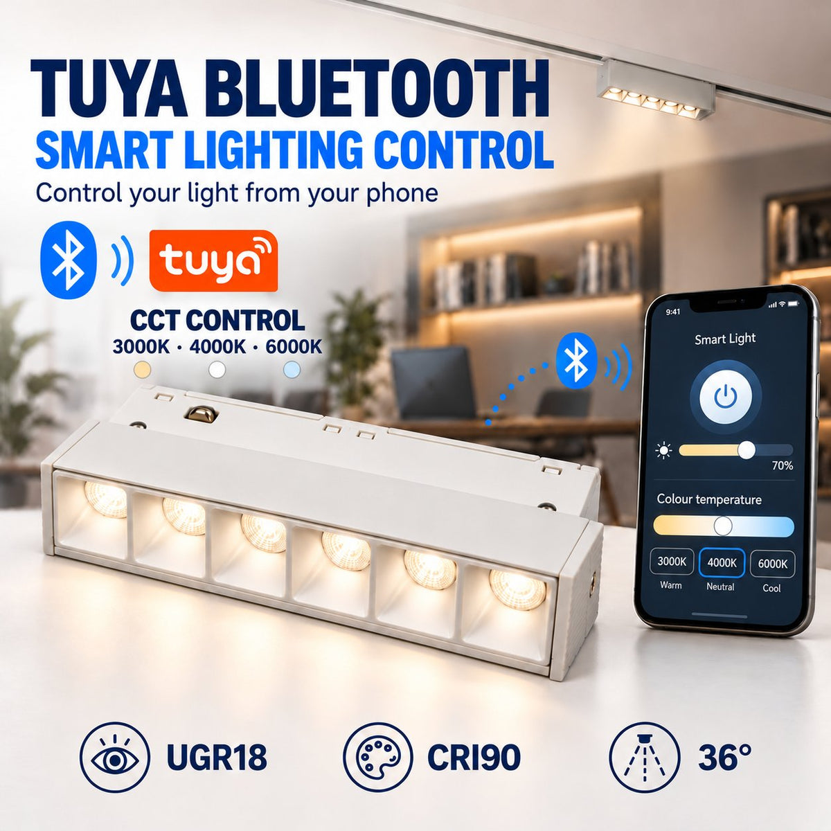 Foco lineal para carril magnético 48V - CCT - 6W - UGR18 - OSRAM chip - TUYA bluetooth - 36º (1)