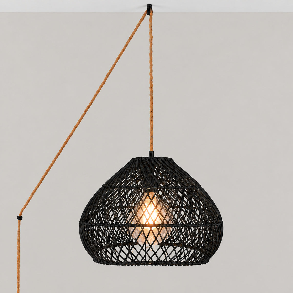 Lámpara colgante de ratán negro "SAORI" con interruptor y enchufe - E27 - Ø40 cm