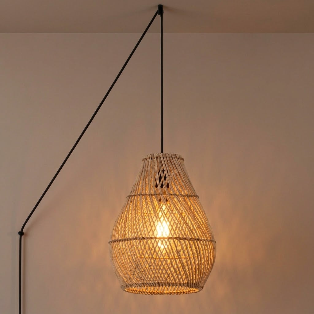 Lámpara colgante de ratán "PIRUM" con interruptor y enchufe - E27 - Ø25 cm (8)