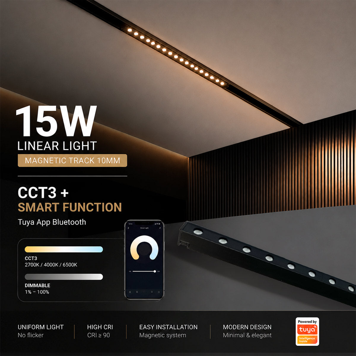 Luminaria lineal para carril magnético - 15W - 24º - 10mm - CCT + SMART - UGR18 (5)