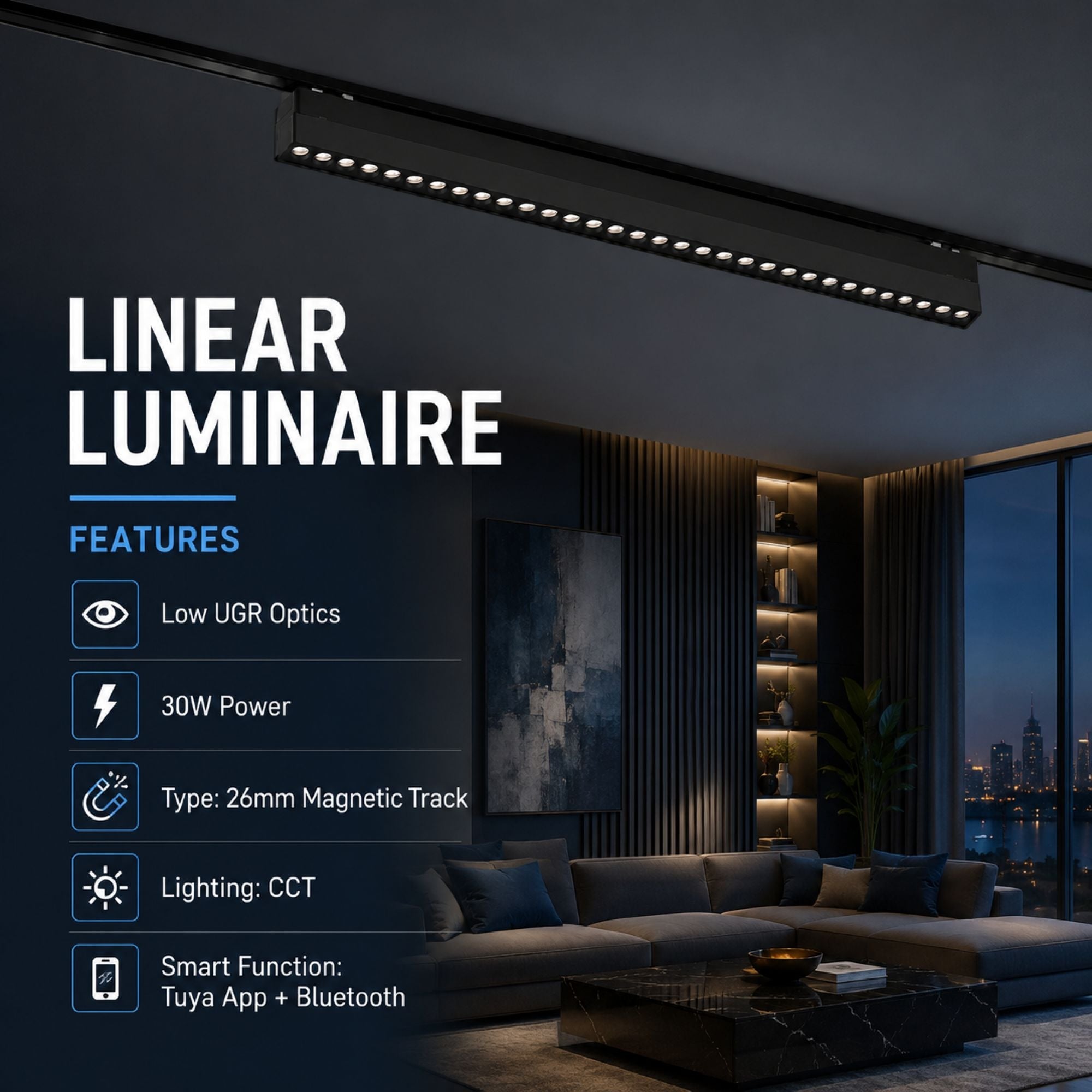 Luminaria lineal para carril magnético - 30W - 26mm - CCT + SMART - UGR18 - 48V (7)