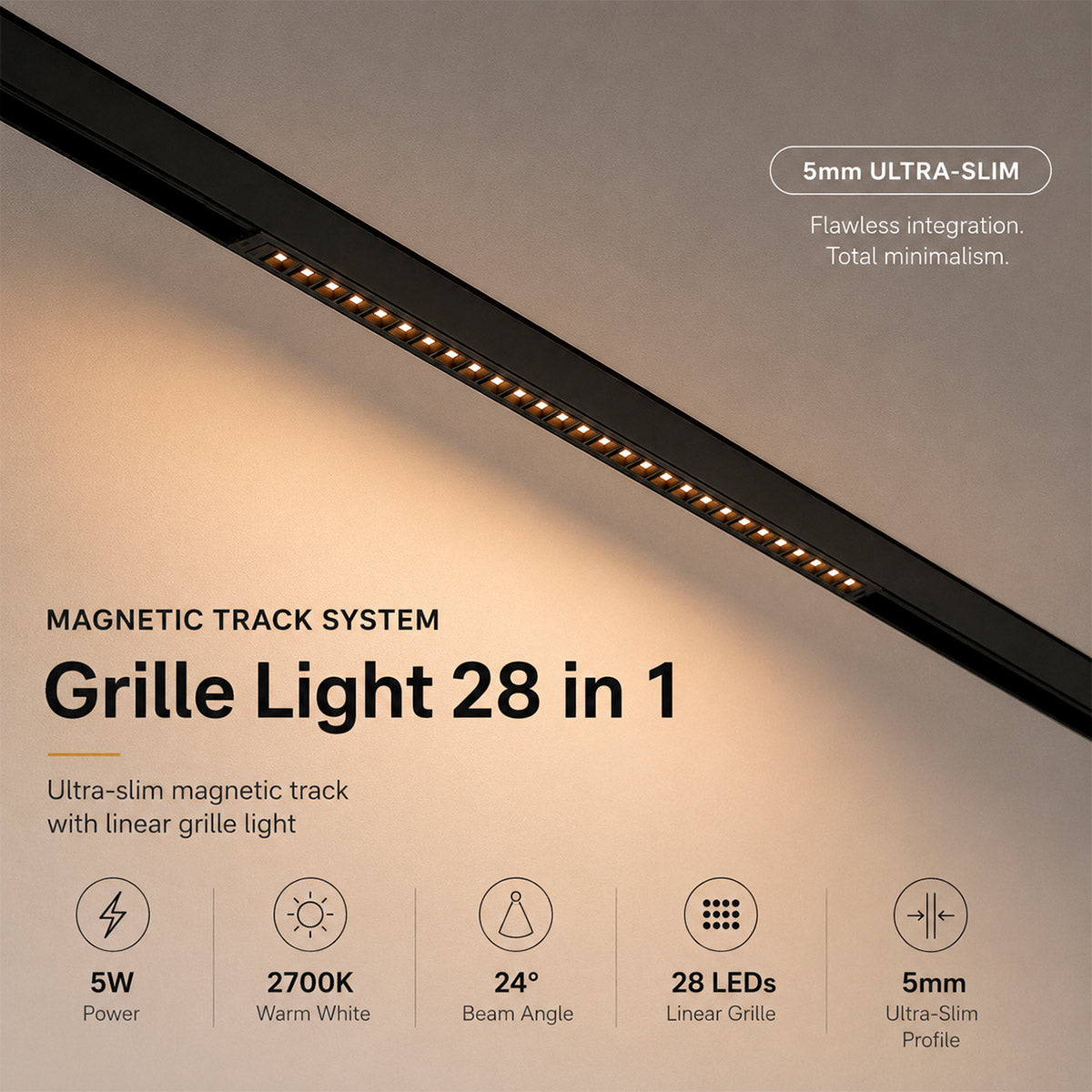 Luminaria lineal para carril magnético - 5W - 24º - 5mm - UGR18 - 24V (10)