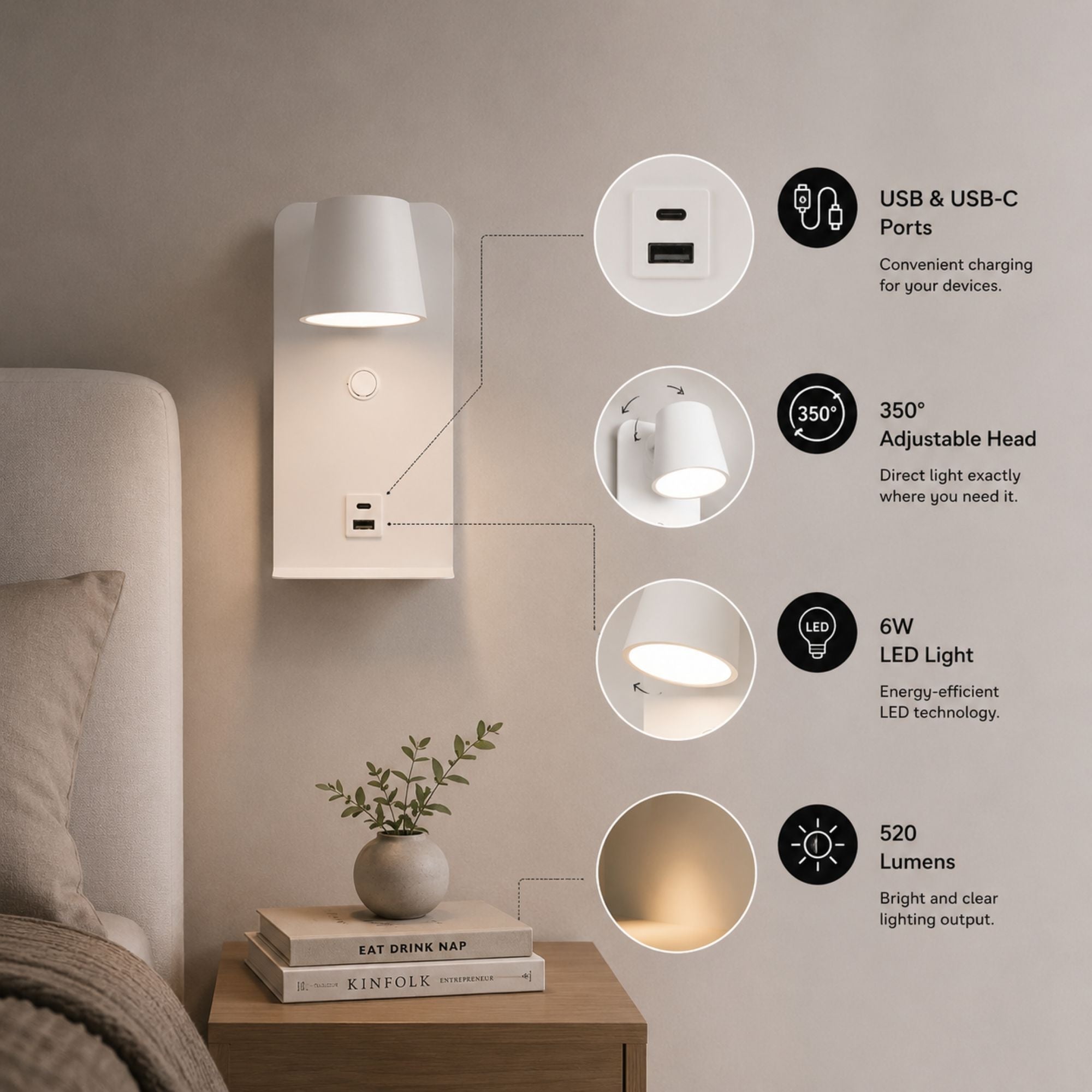 Aplique de pared para lectura "BASKOP" - Puerto USB + USB-C - 6W (67)