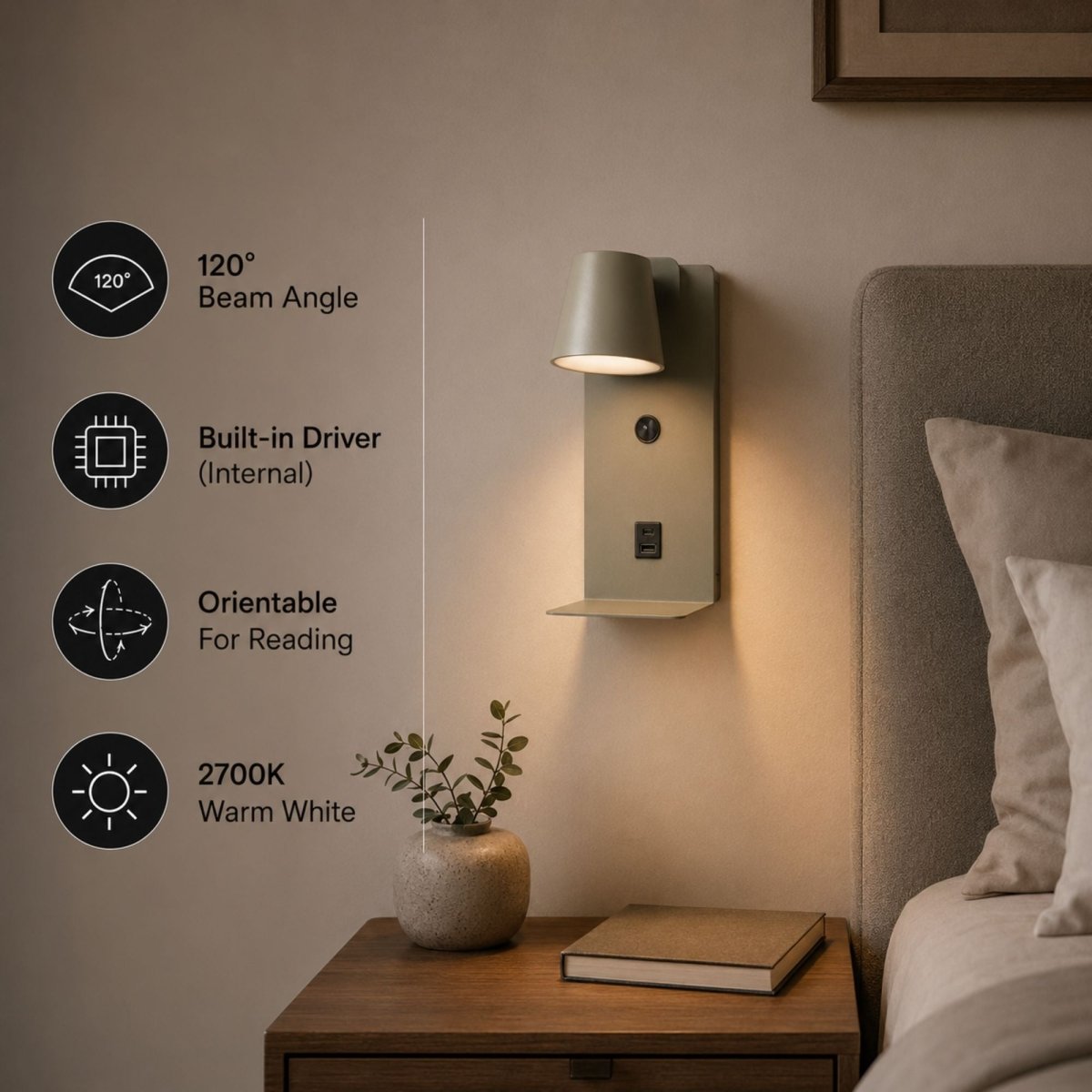 Aplique de pared para lectura "BASKOP" - Puerto USB + USB-C - 6W - Barcelona Led-Decoración
