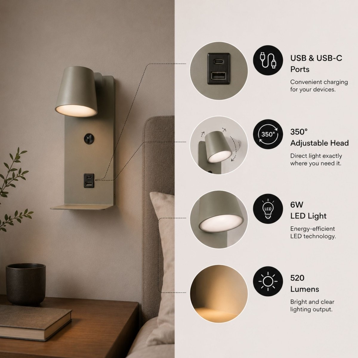 Aplique de pared para lectura "BASKOP" - Puerto USB + USB-C - 6W - Barcelona Led-Decoración