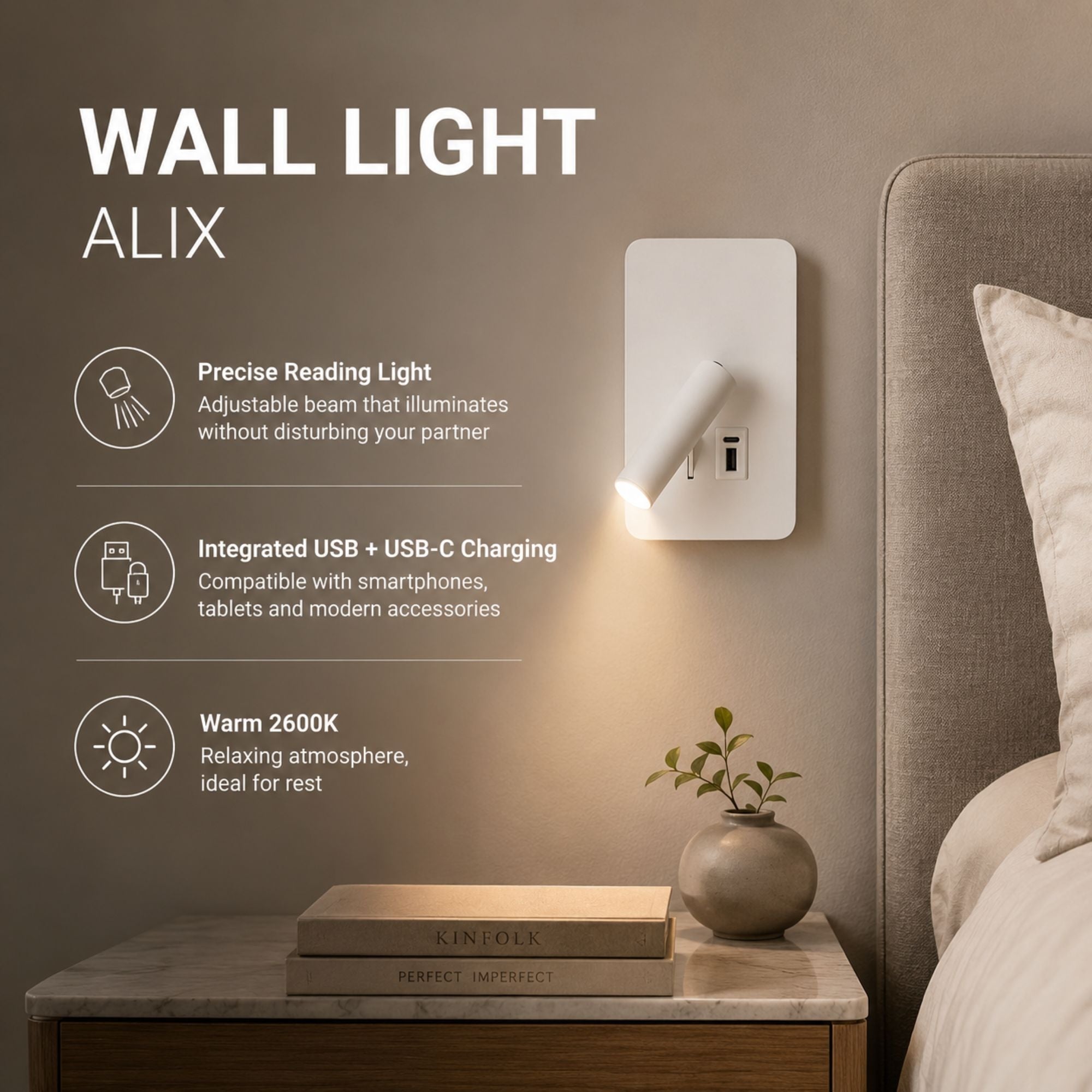 Aplique de pared "ALIX" - 3W - 2600K - USB+USB-C - Instalación superficie (20)