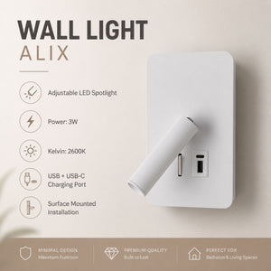 Aplique de pared "ALIX" - 3W - 2600K - USB+USB-C - Instalación superficie (17)