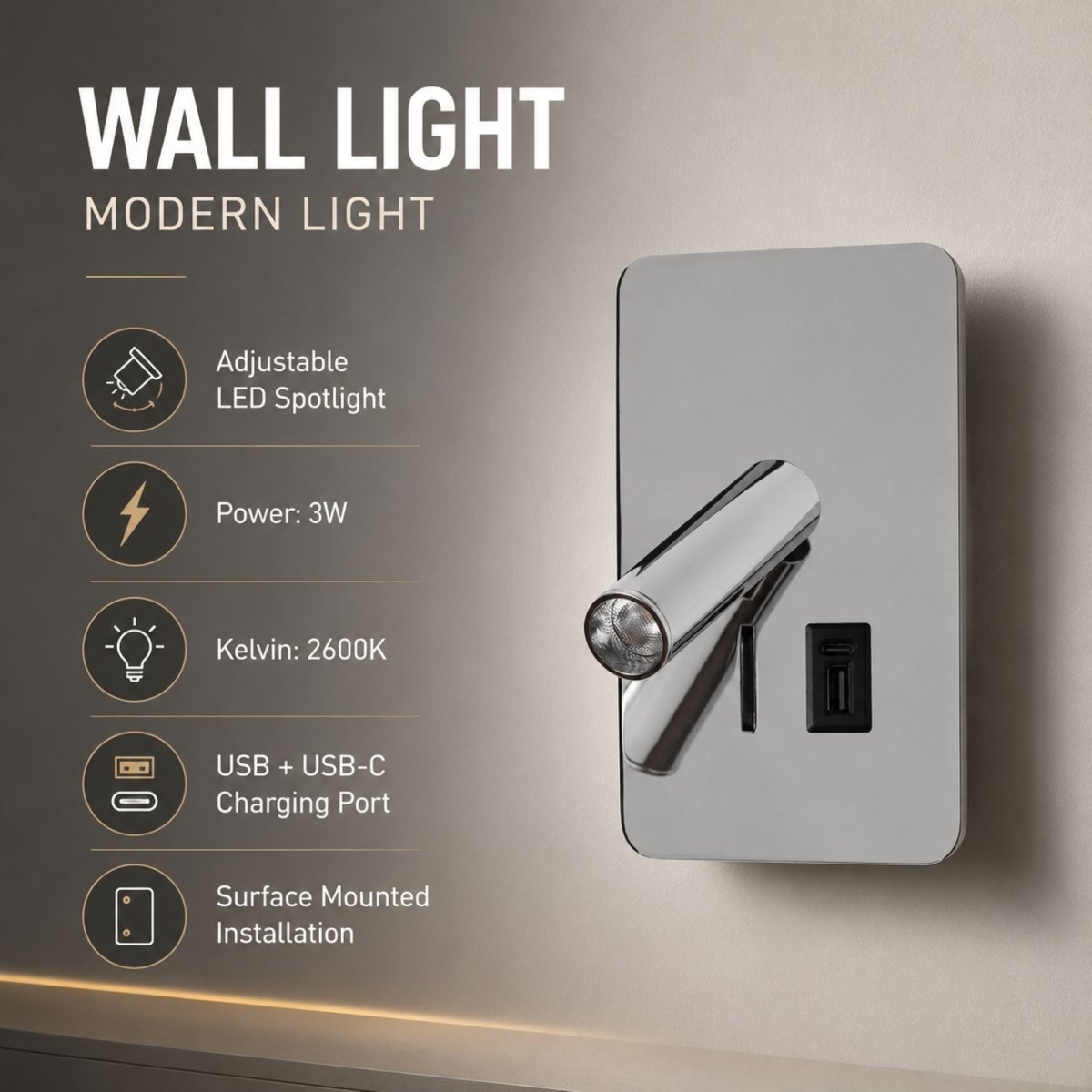 Aplique de pared "ALIX" - 3W - 2600K - USB+USB-C - Instalación superficie | | Barcelona Led