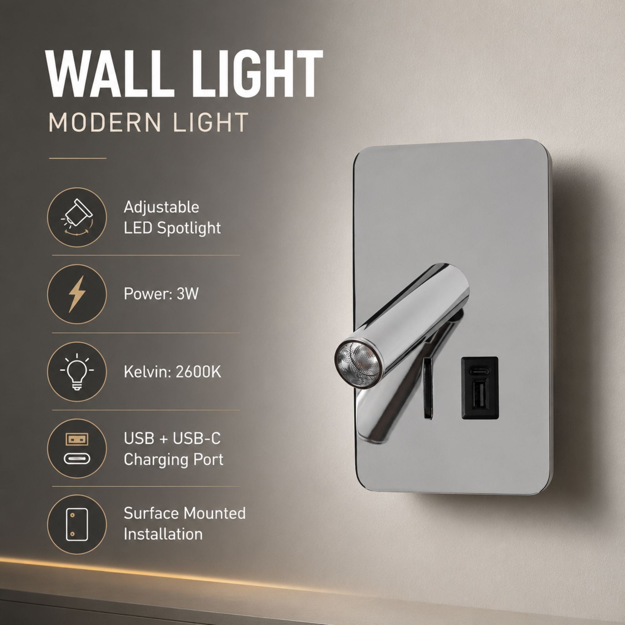 Aplique de pared "ALIX" - 3W - 2600K - USB+USB-C - Instalación superficie (10)