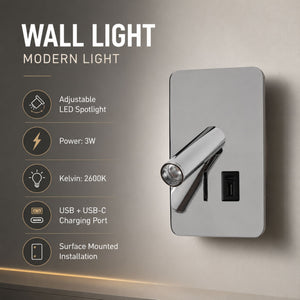 Aplique de pared "ALIX" - 3W - 2600K - USB+USB-C - Instalación superficie (10)