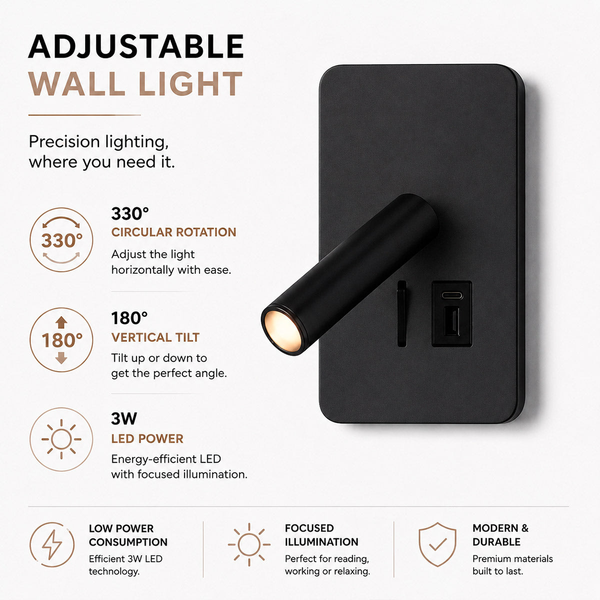 Aplique de pared "ALIX" - 3W - 2600K - USB+USB-C - Instalación superficie (30)