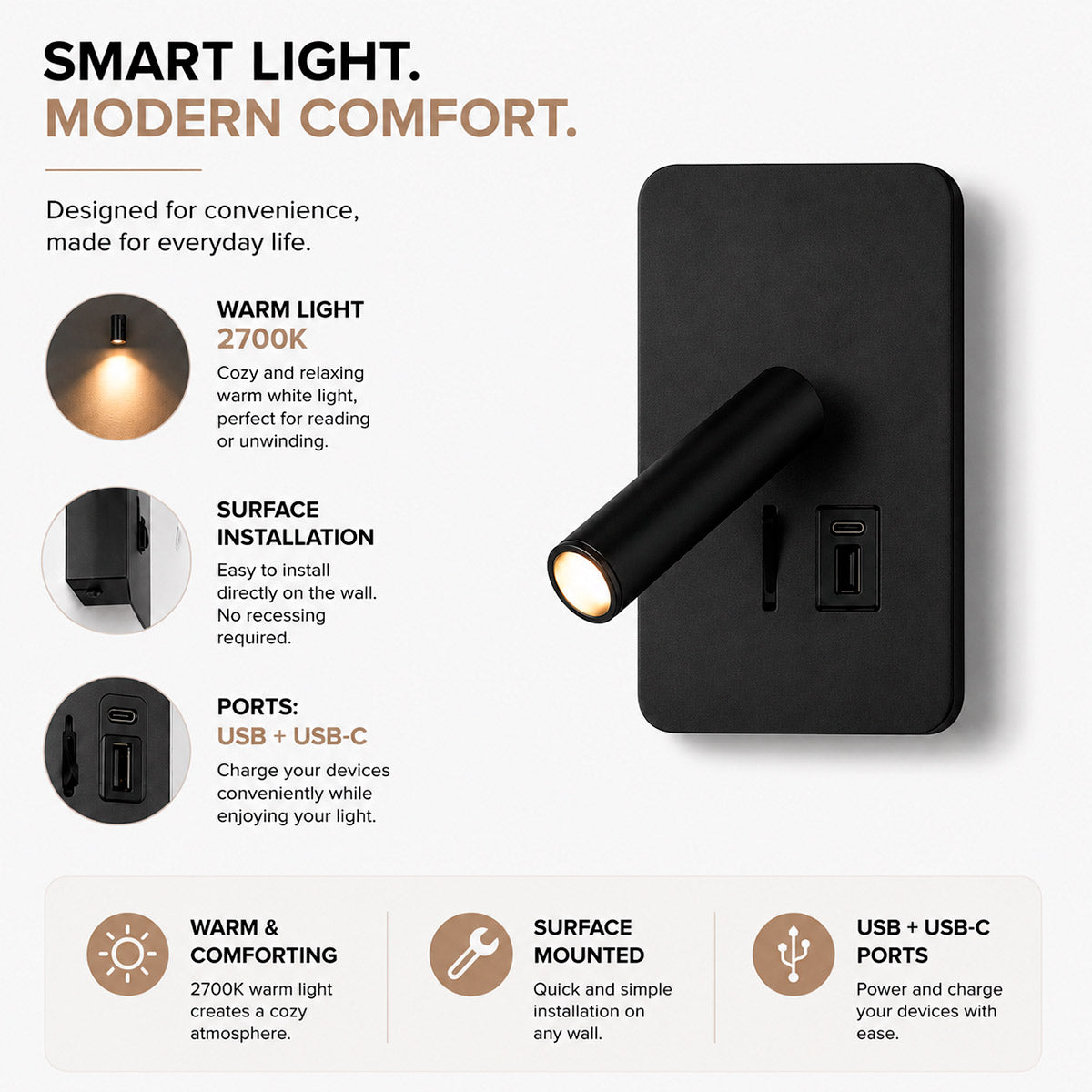 Aplique de pared "ALIX" - 3W - 2600K - USB+USB-C - Instalación superficie (27)