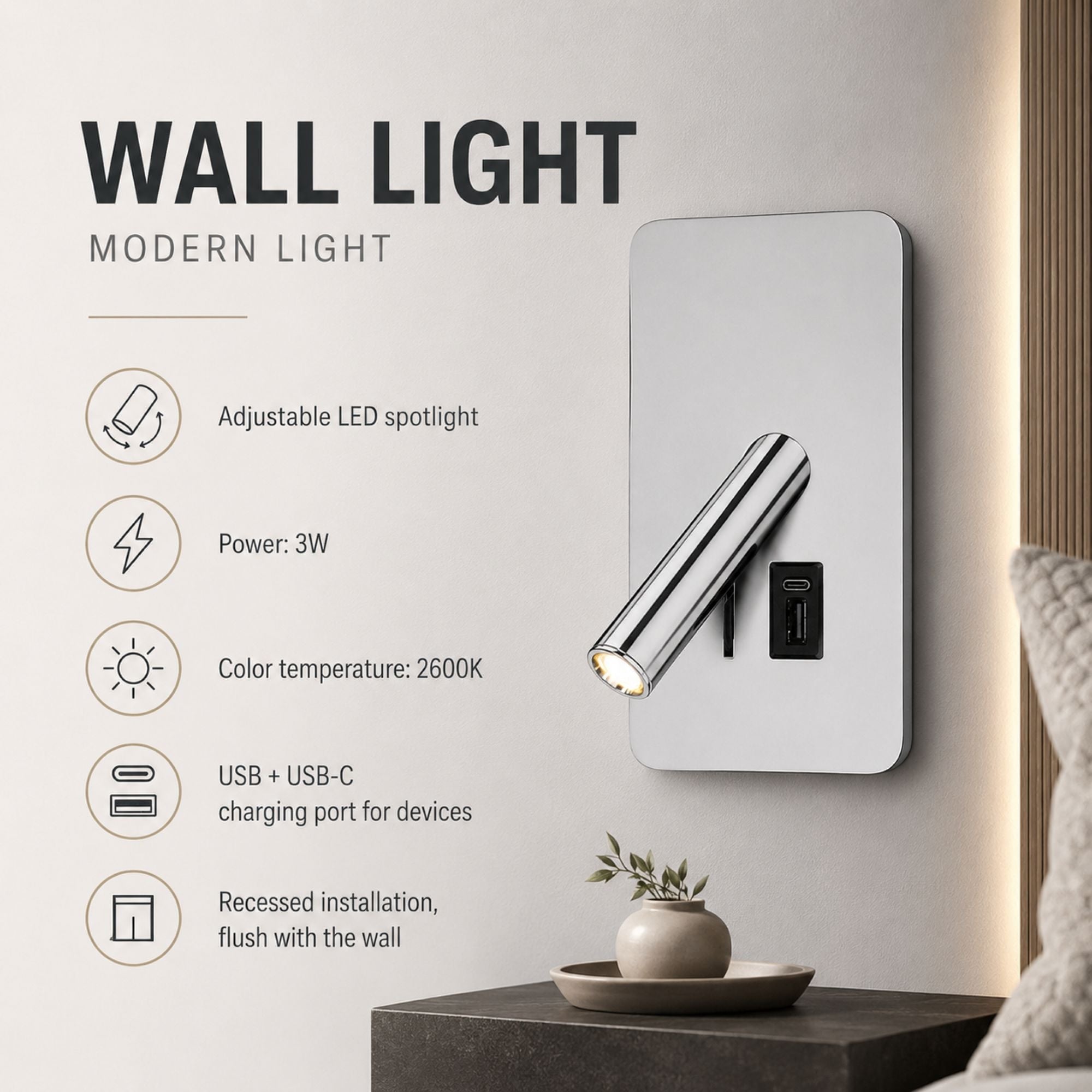 Aplique de pared "NORU" - 3W - 2600K - USB+USB-C - Empotrable (12)