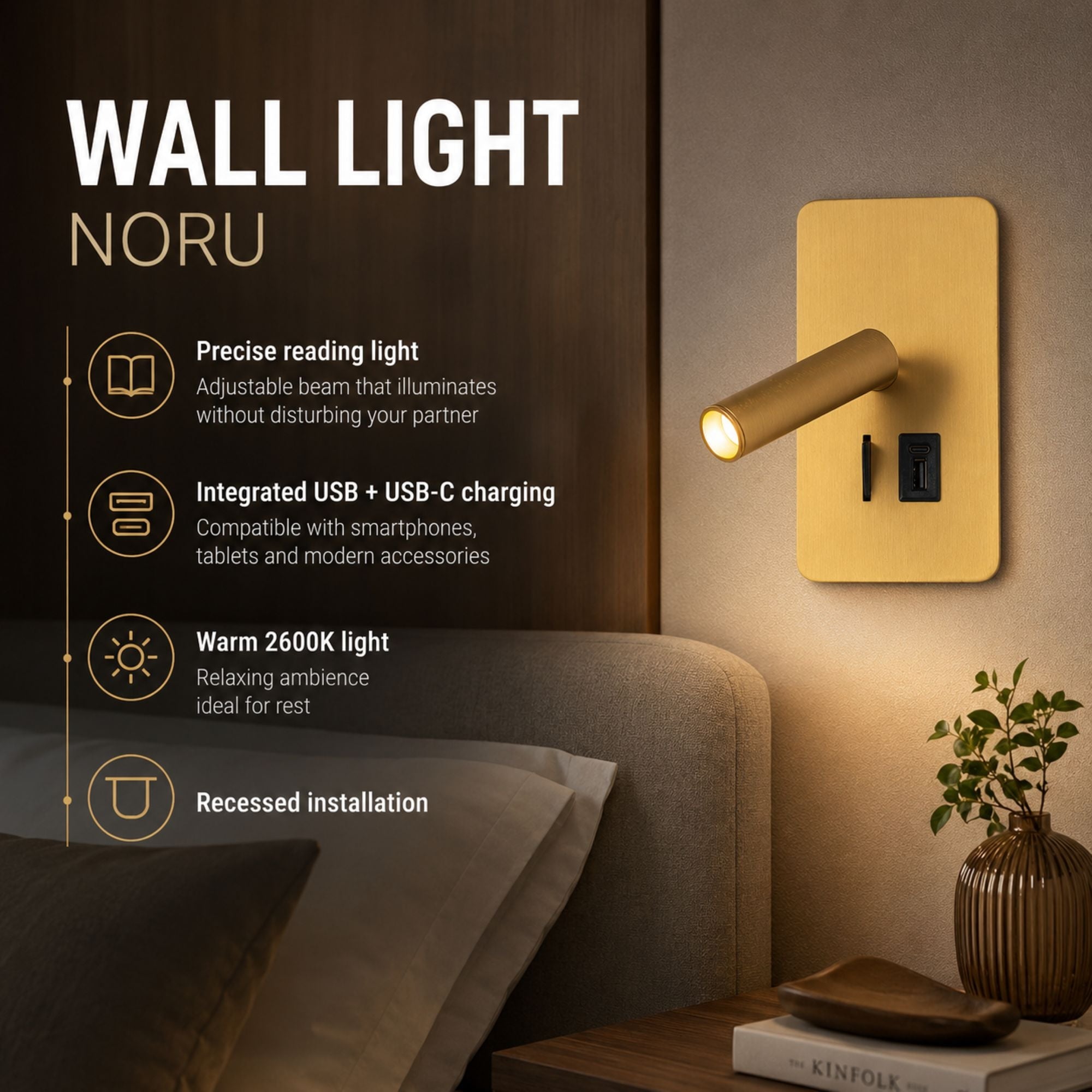 Aplique de pared "NORU" - 3W - 2600K - USB+USB-C - Empotrable (18)