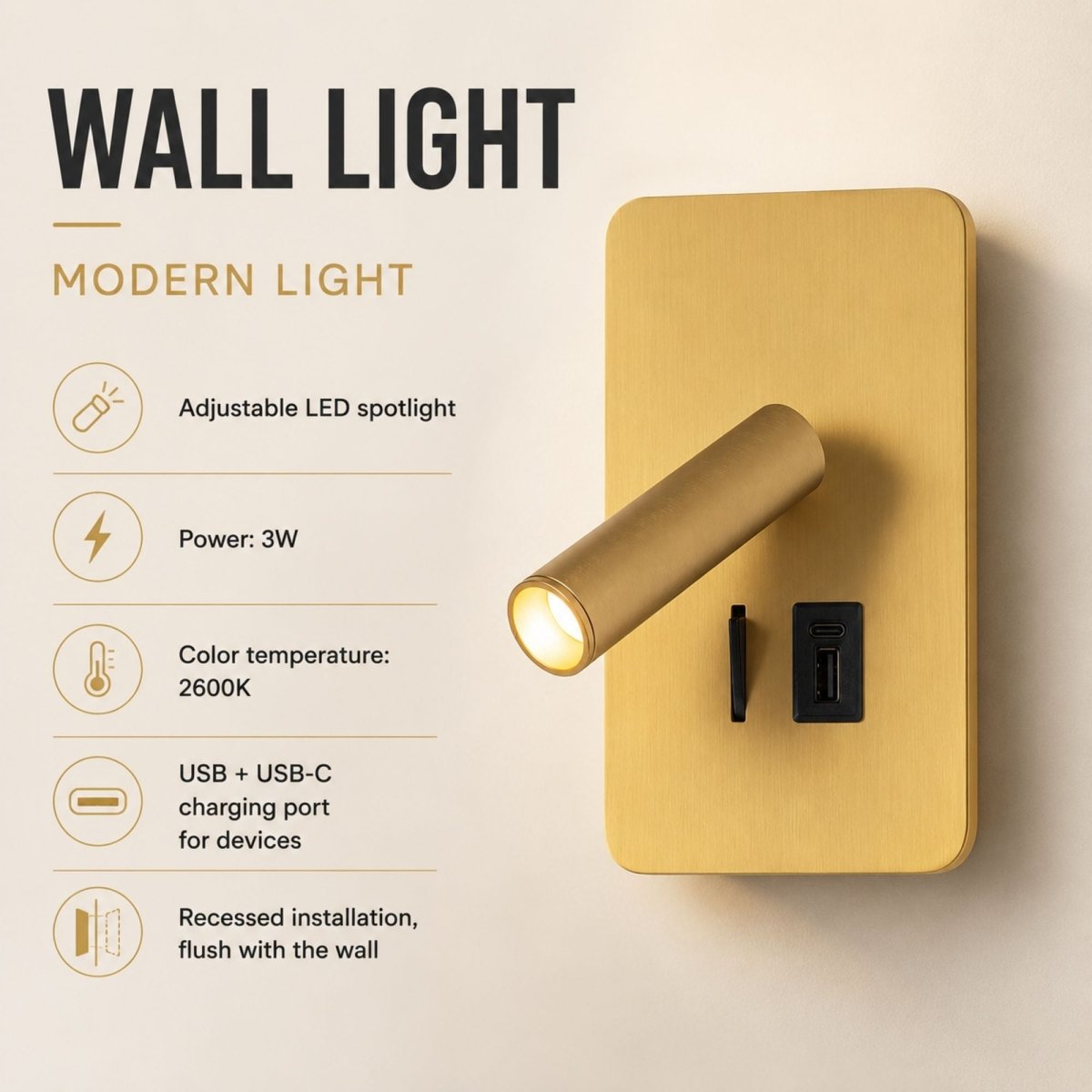Aplique de pared "NORU" - 3W - 2600K - USB+USB-C - Empotrable | | Barcelona Led