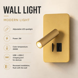 Aplique de pared "NORU" - 3W - 2600K - USB+USB-C - Empotrable (15)