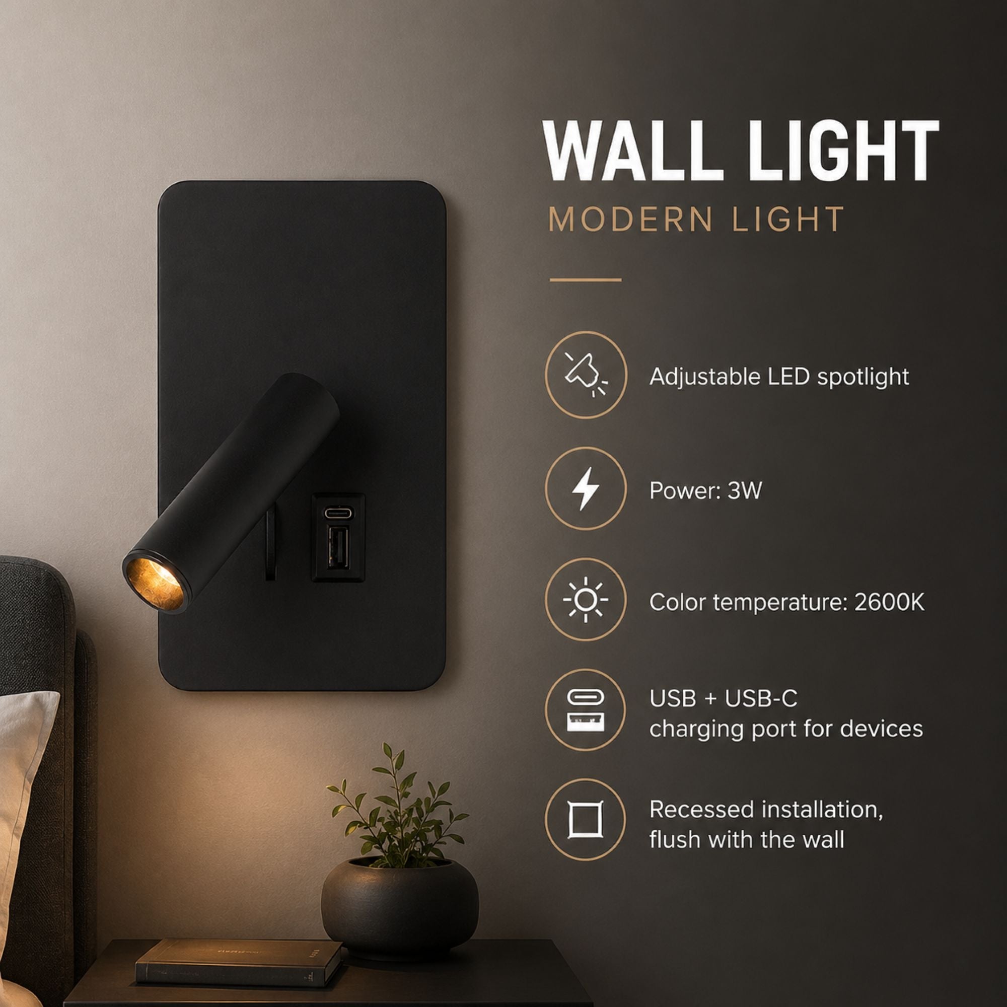 Aplique de pared "NORU" - 3W - 2600K - USB+USB-C - Empotrable (28)