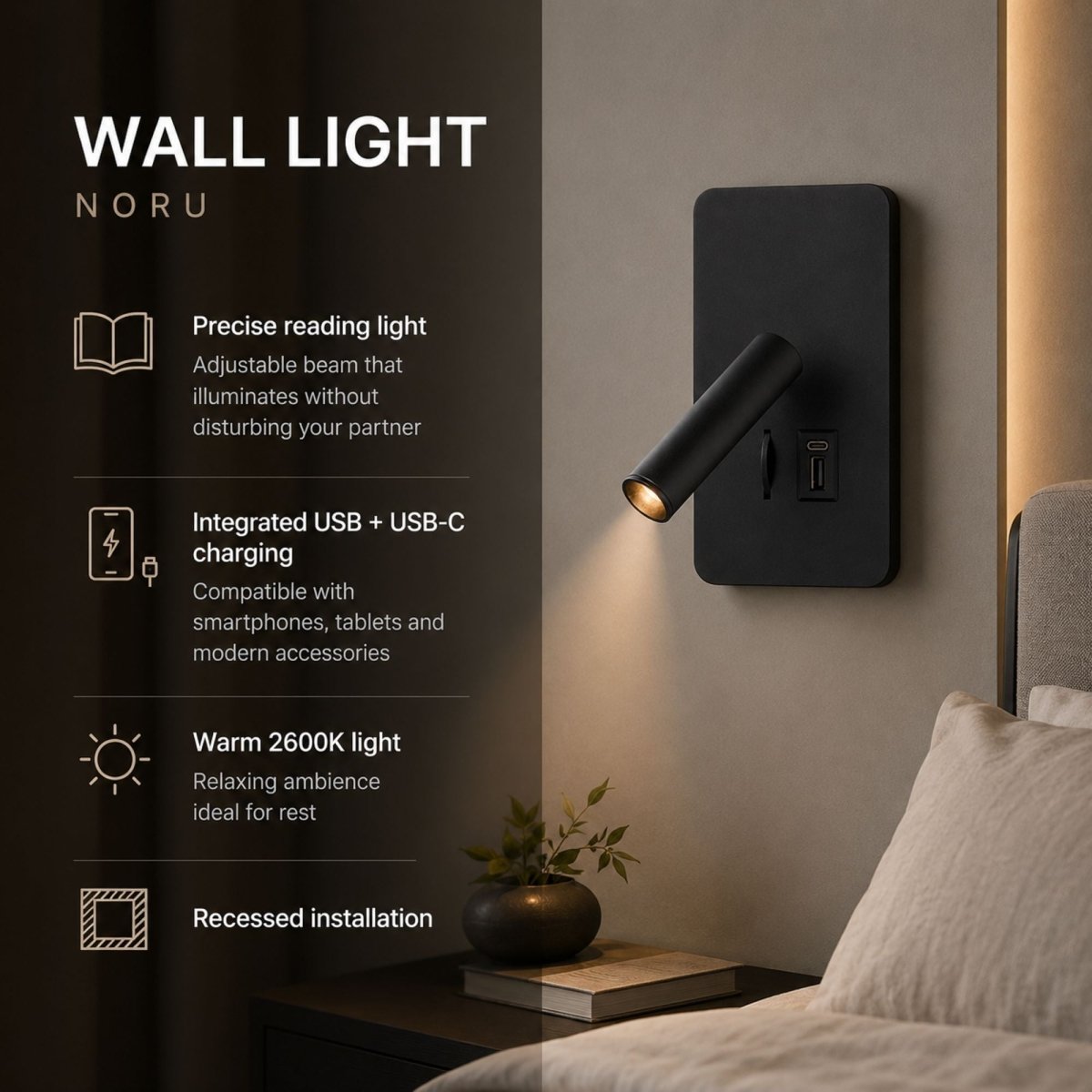 Aplique de pared "NORU" - 3W - 2600K - USB+USB-C - Empotrable | | Barcelona Led