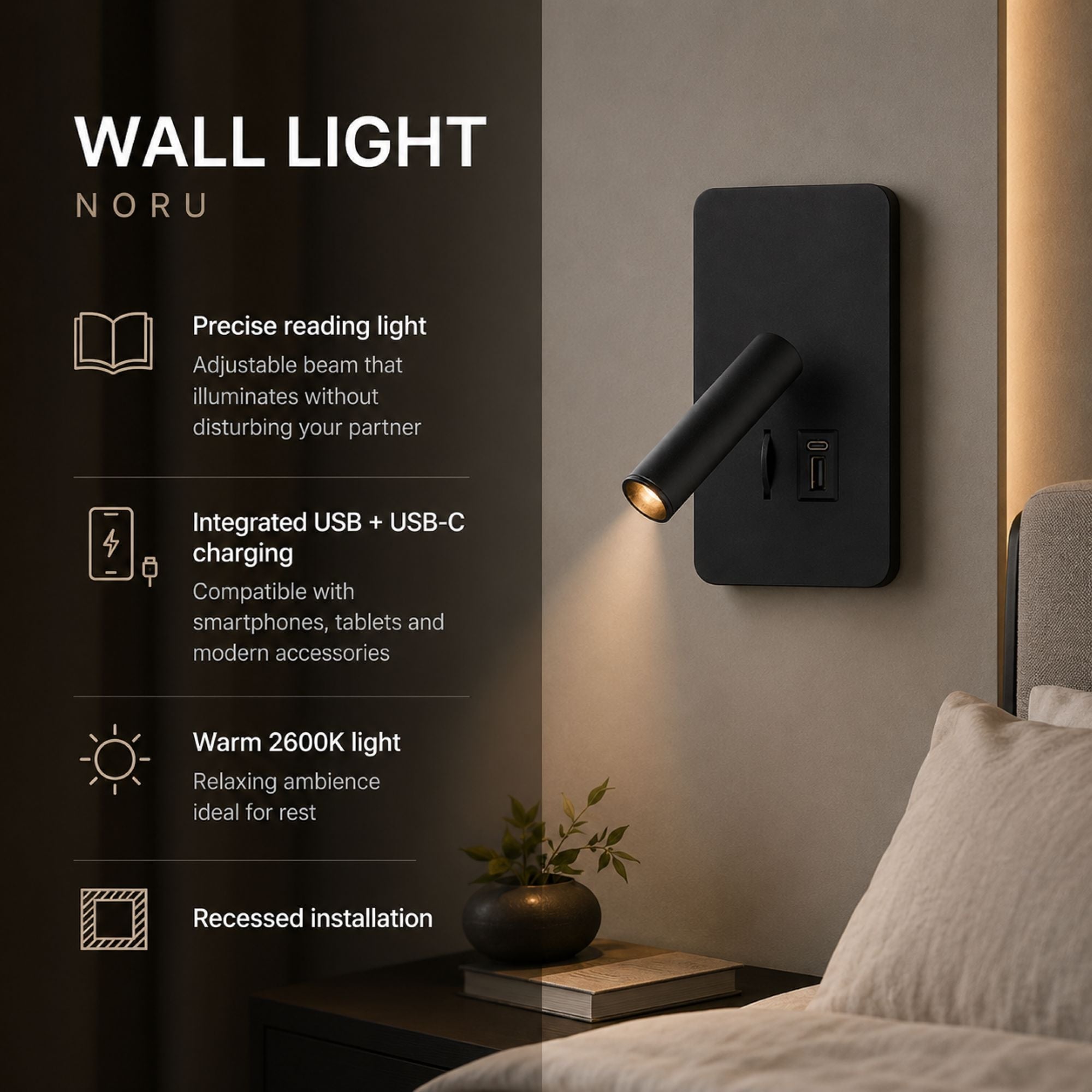 Aplique de pared "NORU" - 3W - 2600K - USB+USB-C - Empotrable (30)